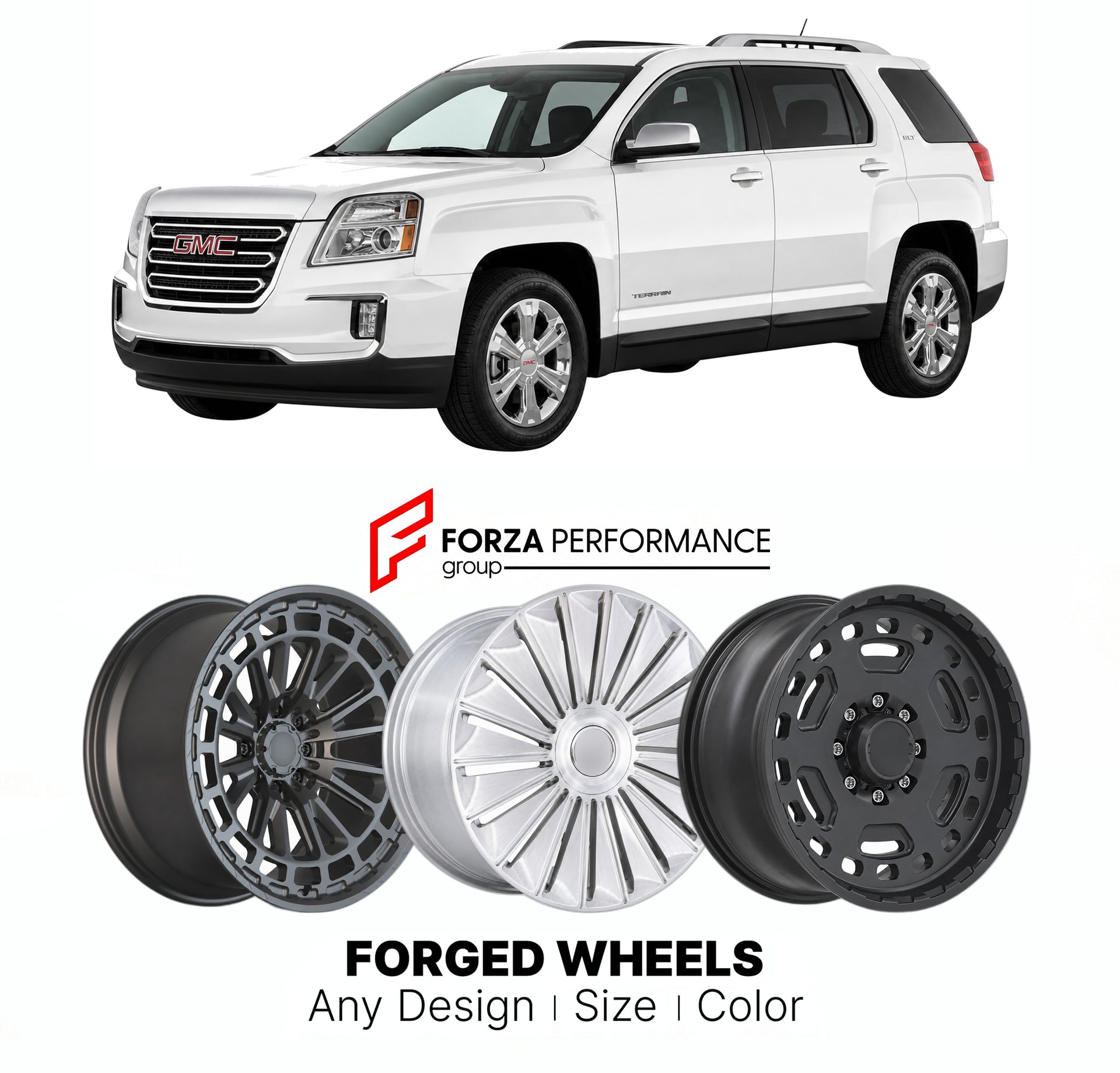 FORGED WHEELS RIMS for GMC TERRAIN SLT 2010+

Custom forged wheels for GMC Terrain SLT 2010+. Made-to-order monoblock, 2-piece and 3-piece rims in custom sizes, offsets, colors and finishes with guaranteed fitment.

We manufacture premium quality forged wheels rims for GMC Terrain SLT 2010+ in any design, size, color.

THIS WHEEL DESIGN CAN BE CUSTOM-MADE FOR YOUR CAR IN ANY SIZE AND COLOR OPTIONS
Available in monoblock, 2-piece, 3-piece, duoblock, beadlock
3D wheel renderings are provided according to the 