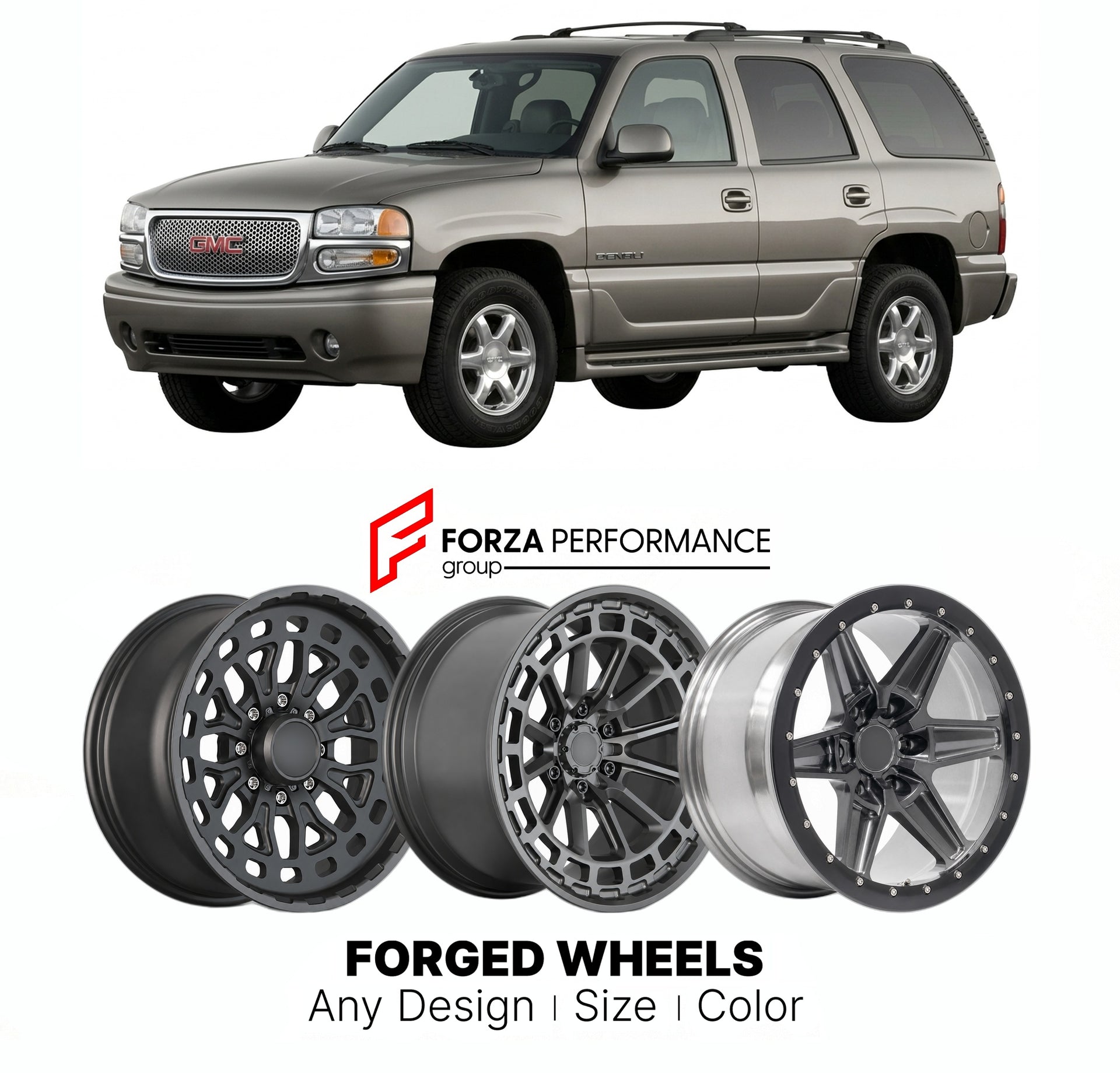 FORGED WHEELS RIMS for GMC YUKON DENALI 2002 - 2024

Custom forged wheels for GMC Yukon Denali 2002 - 2024. Made-to-order monoblock, 2-piece and 3-piece rims in custom sizes, offsets, colors and finishes with guaranteed fitment.

We manufacture premium quality forged wheels rims for GMC Yukon Denali 2002 - 2024 in any design, size, color.

THIS WHEEL DESIGN CAN BE CUSTOM-MADE FOR YOUR CAR IN ANY SIZE AND COLOR OPTIONS
Available in monoblock, 2-piece, 3-piece, duoblock, beadlock
3D wheel renderings are provi