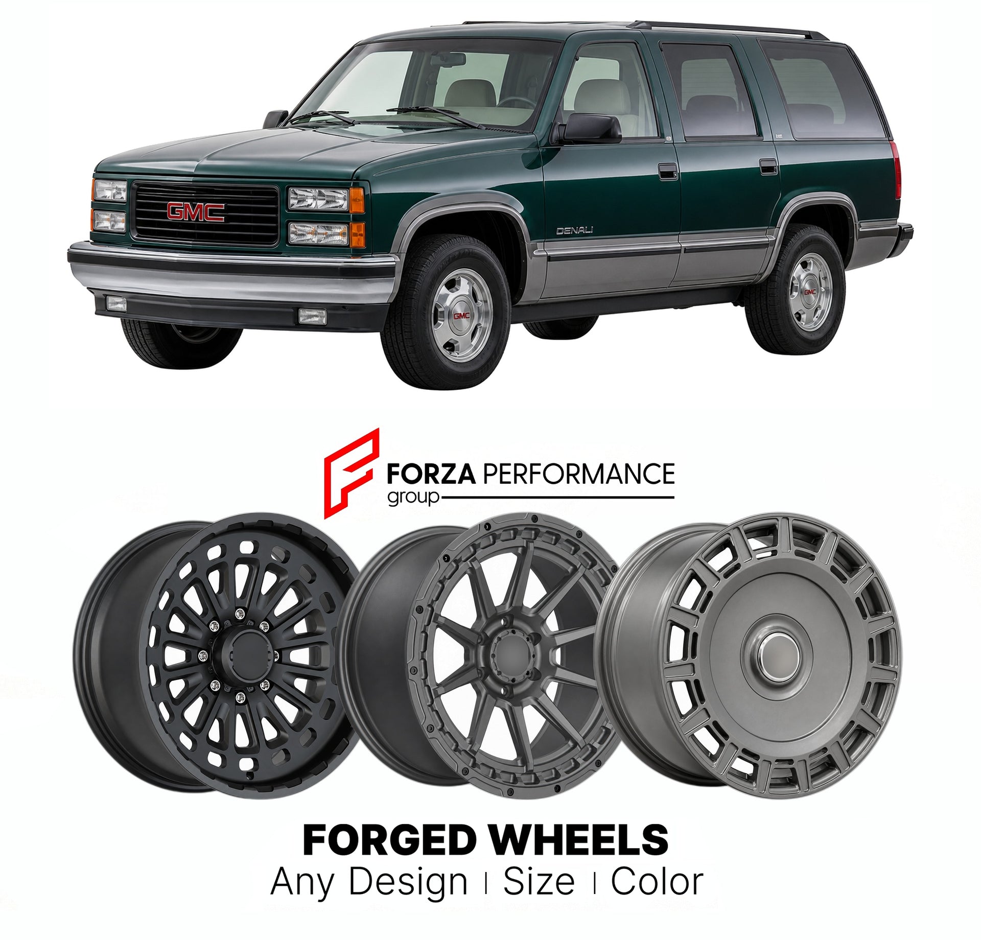 FORGED WHEELS RIMS for GMC YUKON DENALI GMT400 1992 - 1999

Custom forged wheels for GMC Yukon Denali GMT400 1992 - 1999. Made-to-order monoblock, 2-piece and 3-piece rims in custom sizes, offsets, colors and finishes with guaranteed fitment.

We manufacture premium quality forged wheels rims for GMC Yukon Denali GMT400 1992 - 1999 in any design, size, color.

THIS WHEEL DESIGN CAN BE CUSTOM-MADE FOR YOUR CAR IN ANY SIZE AND COLOR OPTIONS
Available in monoblock, 2-piece, 3-piece, duoblock, beadlock
3D wheel