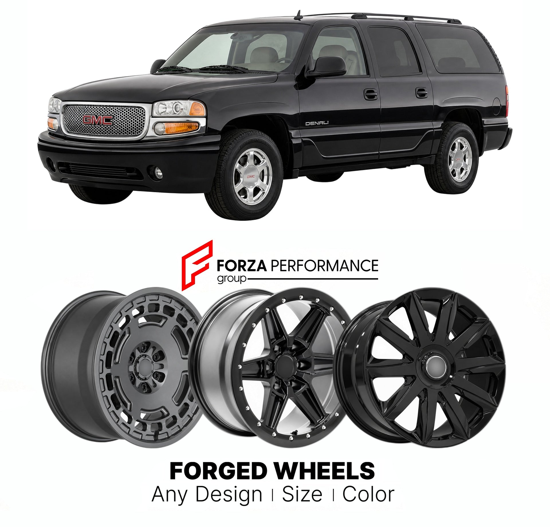 FORGED WHEELS RIMS for GMC YUKON DENALI GMT800 GMT900 2000 - 2014

Custom forged wheels for GMC Yukon Denali GMT800 GMT900 2000 - 2014. Made-to-order monoblock, 2-piece and 3-piece rims in custom sizes, offsets, colors and finishes with guaranteed fitment.

We manufacture premium quality forged wheels rims for GMC Yukon Denali GMT800 GMT900 2000 - 2014 in any design, size, color.

THIS WHEEL DESIGN CAN BE CUSTOM-MADE FOR YOUR CAR IN ANY SIZE AND COLOR OPTIONS
Available in monoblock, 2-piece, 3-piece, duoblo
