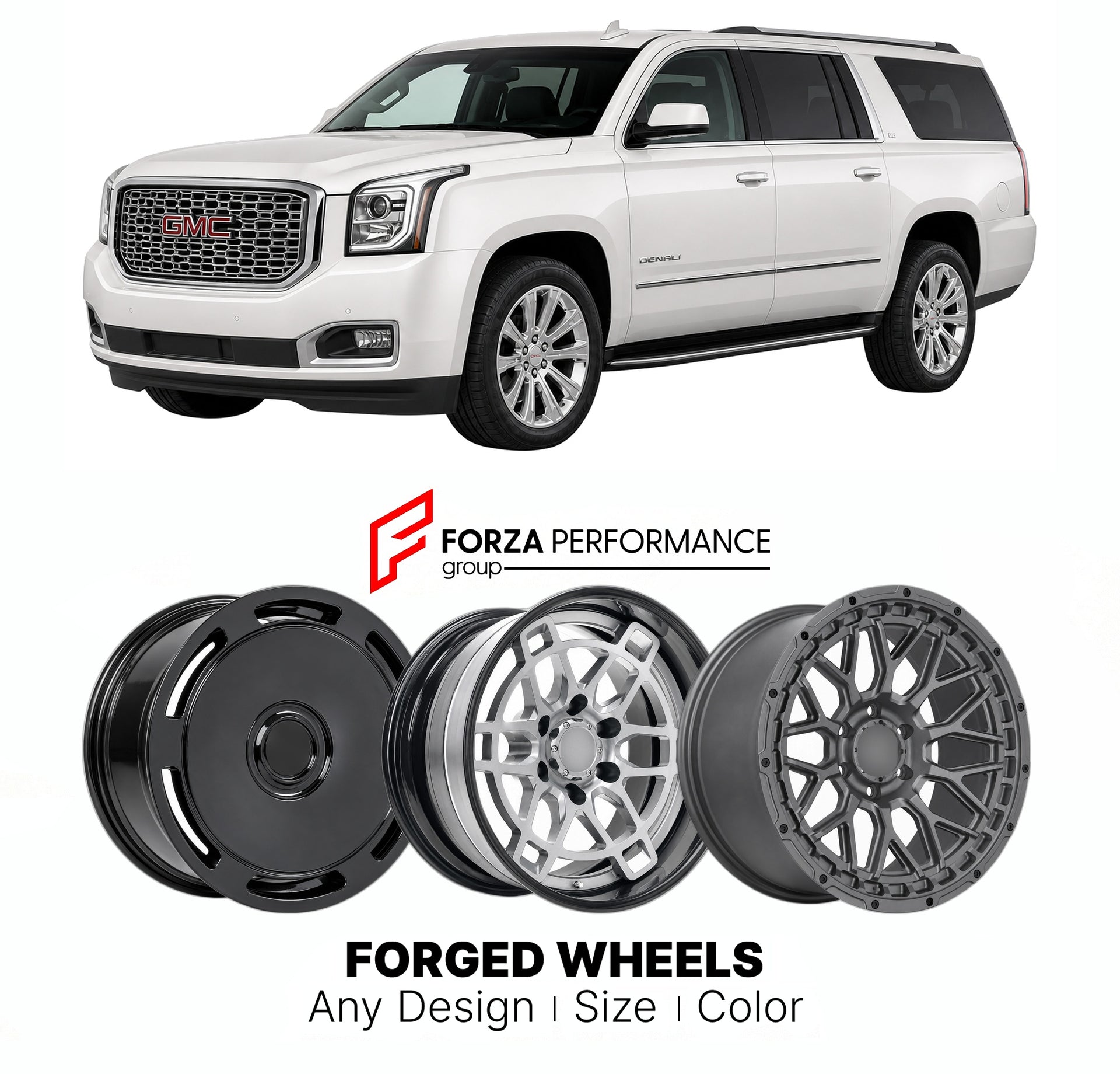 FORGED WHEELS RIMS for GMC YUKON DENALI K2UG T1UG 2015+

Custom forged wheels for GMC Yukon Denali K2UG T1UG 2015+. Made-to-order monoblock, 2-piece and 3-piece rims in custom sizes, offsets, colors and finishes with guaranteed fitment.

We manufacture premium quality forged wheels rims for GMC Yukon Denali K2UG T1UG 2015+ in any design, size, color.

THIS WHEEL DESIGN CAN BE CUSTOM-MADE FOR YOUR CAR IN ANY SIZE AND COLOR OPTIONS
Available in monoblock, 2-piece, 3-piece, duoblock, beadlock
3D wheel renderin