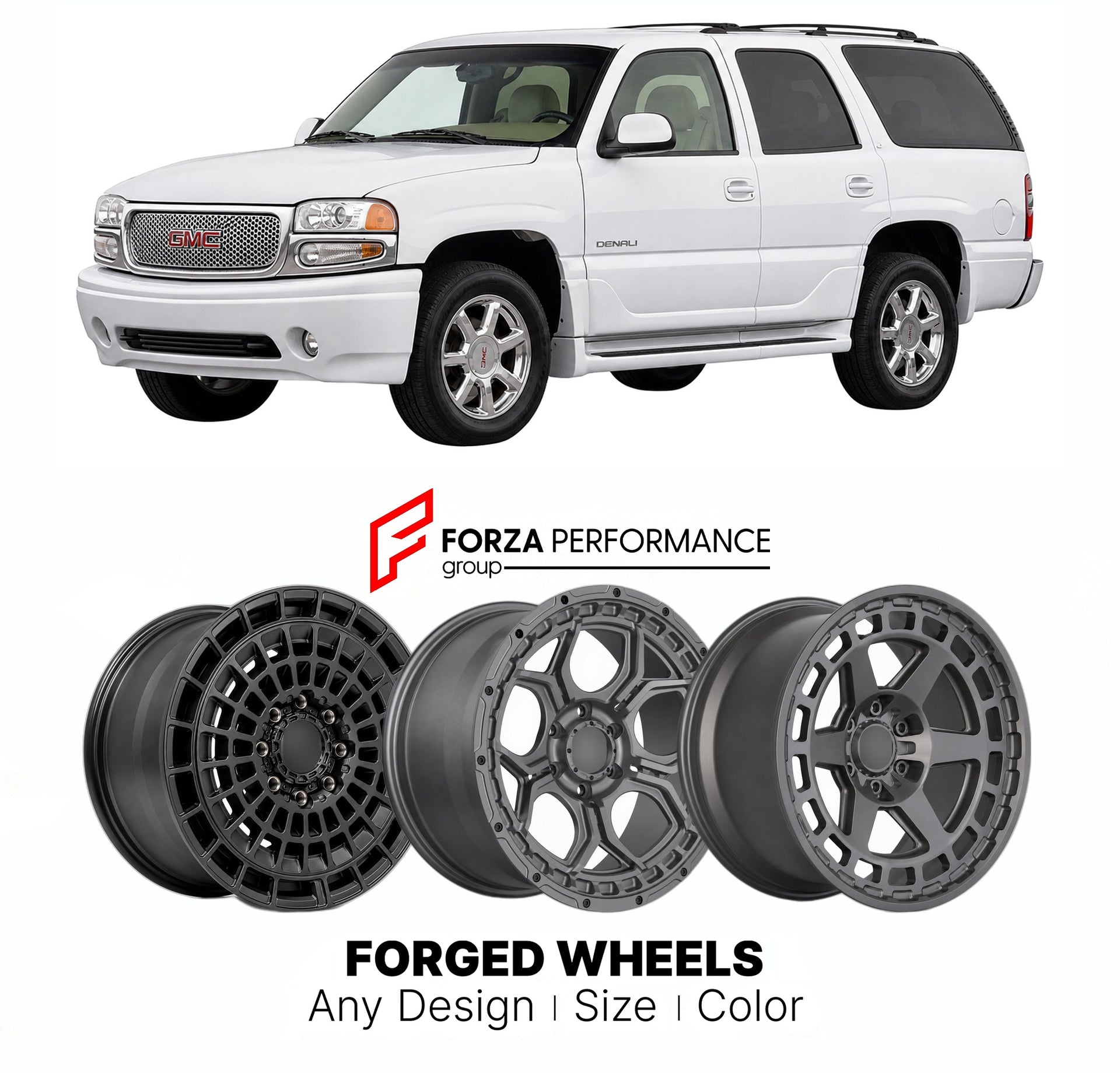 FORGED WHEELS RIMS for GMC YUKON DENALI LUXURY TRIM 1999+

Custom forged wheels for GMC Yukon Denali Luxury Trim 1999+. Made-to-order monoblock, 2-piece and 3-piece rims in custom sizes, offsets, colors and finishes with guaranteed fitment.

We manufacture premium quality forged wheels rims for GMC Yukon Denali Luxury Trim 1999+ in any design, size, color.

THIS WHEEL DESIGN CAN BE CUSTOM-MADE FOR YOUR CAR IN ANY SIZE AND COLOR OPTIONS
Available in monoblock, 2-piece, 3-piece, duoblock, beadlock
3D wheel re