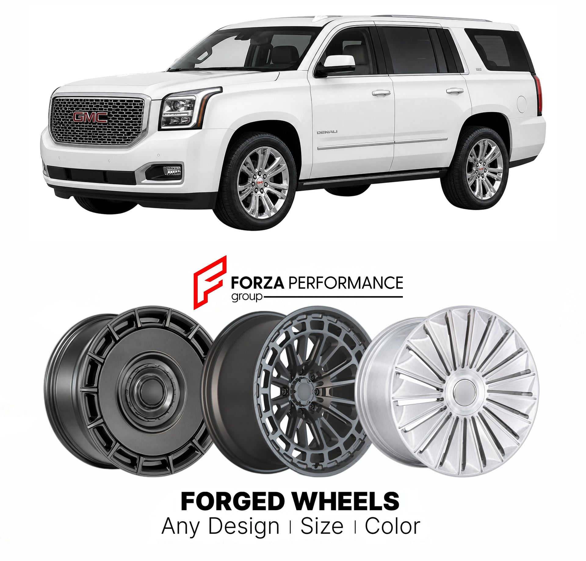 FORGED WHEELS RIMS for GMC YUKON DENALI ULTIMATE K2UG T1UG 2015+

Custom forged wheels for GMC Yukon Denali Ultimate K2UG T1UG 2015+. Made-to-order monoblock, 2-piece and 3-piece rims in custom sizes, offsets, colors and finishes with guaranteed fitment.

We manufacture premium quality forged wheels rims for GMC Yukon Denali Ultimate K2UG T1UG 2015+ in any design, size, color.

THIS WHEEL DESIGN CAN BE CUSTOM-MADE FOR YOUR CAR IN ANY SIZE AND COLOR OPTIONS
Available in monoblock, 2-piece, 3-piece, duoblock,