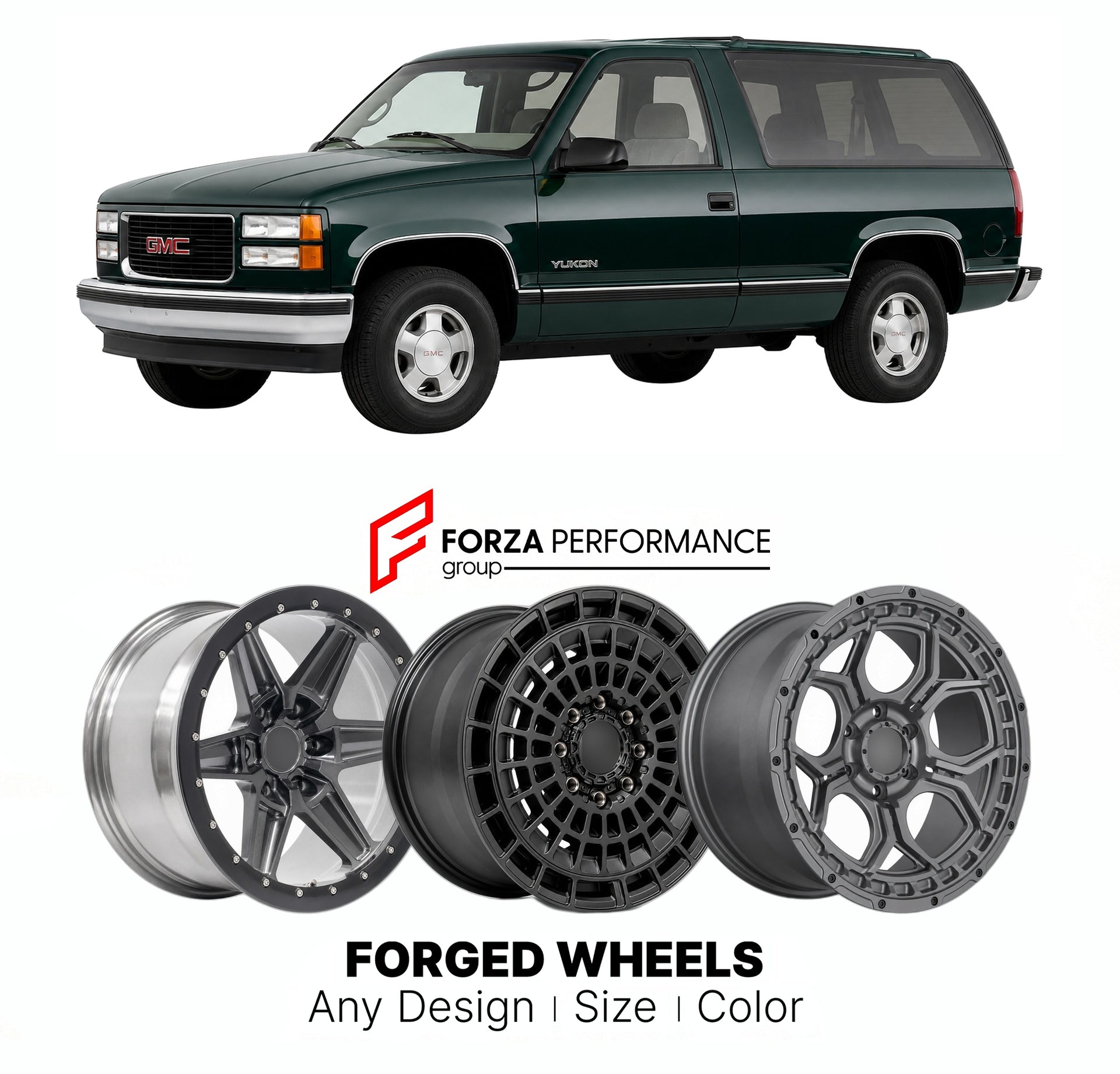 FORGED WHEELS RIMS for GMC YUKON GMT400 1992 - 1999

Custom forged wheels for GMC Yukon GMT400 1992 - 1999. Made-to-order monoblock, 2-piece and 3-piece rims in custom sizes, offsets, colors and finishes with guaranteed fitment.

We manufacture premium quality forged wheels rims for GMC Yukon GMT400 1992 - 1999 in any design, size, color.

THIS WHEEL DESIGN CAN BE CUSTOM-MADE FOR YOUR CAR IN ANY SIZE AND COLOR OPTIONS
Available in monoblock, 2-piece, 3-piece, duoblock, beadlock
3D wheel renderings are provi