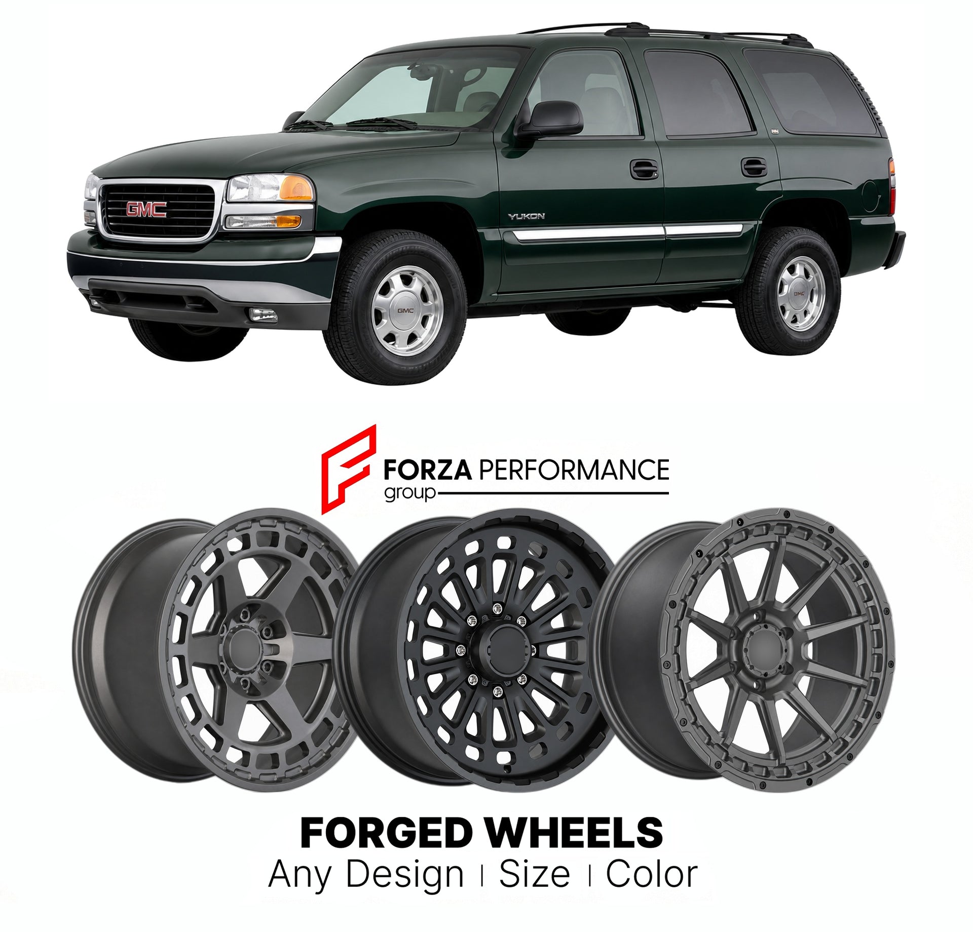 FORGED WHEELS RIMS for GMC YUKON GMT800 2000 - 2006

Custom forged wheels for GMC Yukon GMT800 2000 - 2006. Made-to-order monoblock, 2-piece and 3-piece rims in custom sizes, offsets, colors and finishes with guaranteed fitment.

We manufacture premium quality forged wheels rims for GMC Yukon GMT800 2000 - 2006 in any design, size, color.

THIS WHEEL DESIGN CAN BE CUSTOM-MADE FOR YOUR CAR IN ANY SIZE AND COLOR OPTIONS
Available in monoblock, 2-piece, 3-piece, duoblock, beadlock
3D wheel renderings are provi