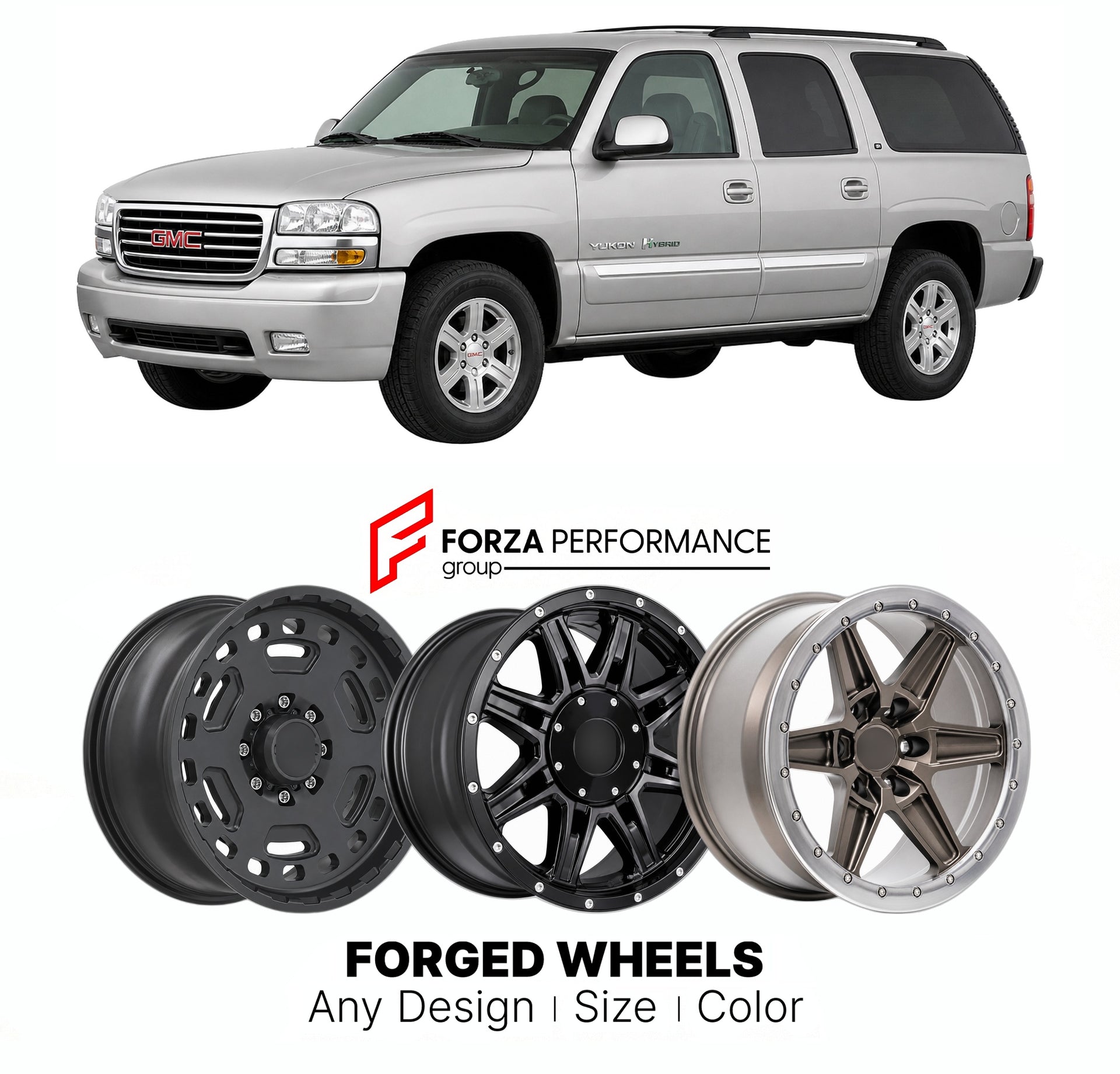 FORGED WHEELS RIMS for GMC YUKON HYBRID GMT800 GMT900 2000 - 2014

Custom forged wheels for GMC Yukon Hybrid GMT800 GMT900 2000 - 2014. Made-to-order monoblock, 2-piece and 3-piece rims in custom sizes, offsets, colors and finishes with guaranteed fitment.

We manufacture premium quality forged wheels rims for GMC Yukon Hybrid GMT800 GMT900 2000 - 2014 in any design, size, color.

THIS WHEEL DESIGN CAN BE CUSTOM-MADE FOR YOUR CAR IN ANY SIZE AND COLOR OPTIONS
Available in monoblock, 2-piece, 3-piece, duoblo