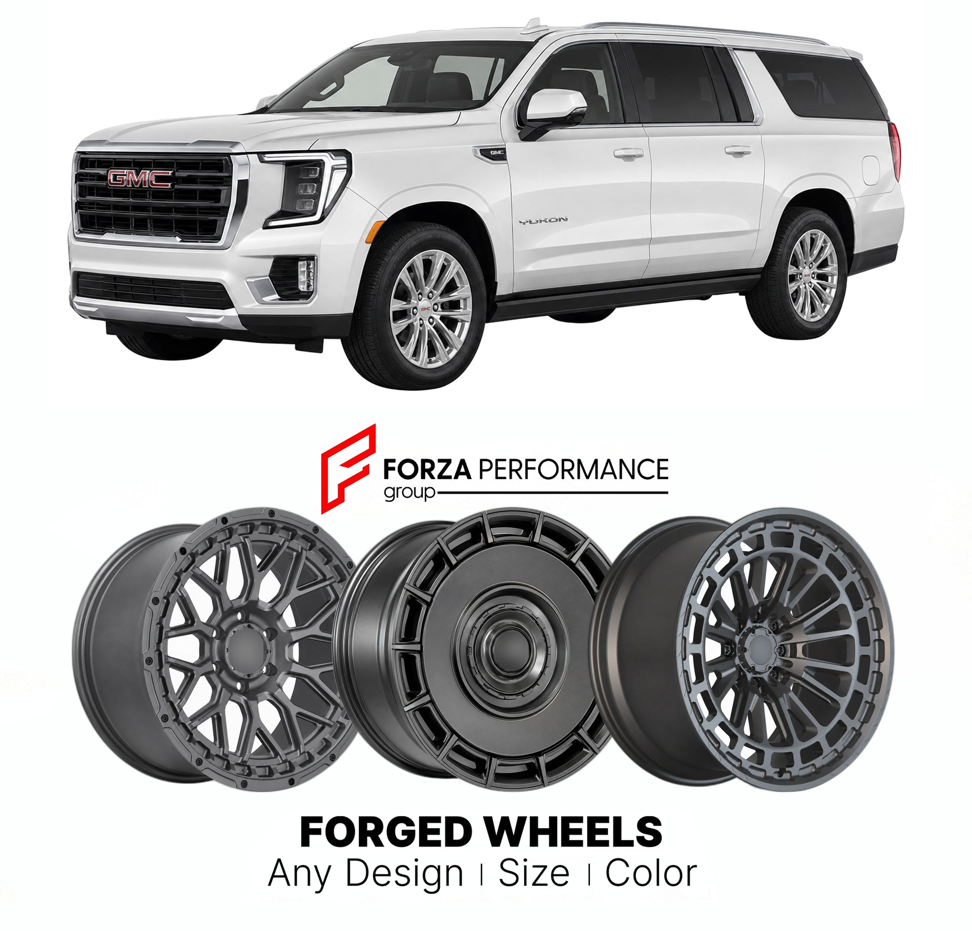 FORGED WHEELS RIMS for GMC YUKON T1XX 2021+

Custom forged wheels for GMC Yukon T1XX 2021+. Made-to-order monoblock, 2-piece and 3-piece rims in custom sizes, offsets, colors and finishes with guaranteed fitment.

We manufacture premium quality forged wheels rims for GMC Yukon T1XX 2021+ in any design, size, color.

THIS WHEEL DESIGN CAN BE CUSTOM-MADE FOR YOUR CAR IN ANY SIZE AND COLOR OPTIONS
Available in monoblock, 2-piece, 3-piece, duoblock, beadlock
3D wheel renderings are provided according to the exa