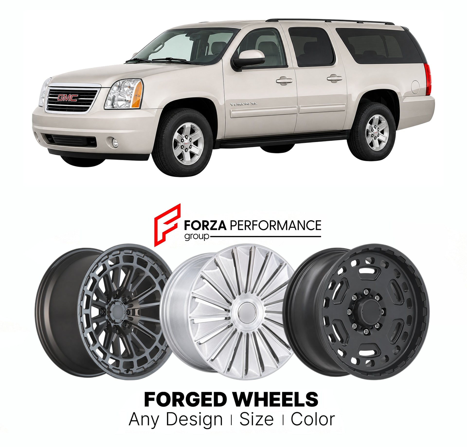 FORGED WHEELS RIMS for GMC YUKON XL GMT900 2007 - 2014

Custom forged wheels for GMC Yukon XL GMT900 2007 - 2014. Made-to-order monoblock, 2-piece and 3-piece rims in custom sizes, offsets, colors and finishes with guaranteed fitment.

We manufacture premium quality forged wheels rims for GMC Yukon XL GMT900 2007 - 2014 in any design, size, color.

THIS WHEEL DESIGN CAN BE CUSTOM-MADE FOR YOUR CAR IN ANY SIZE AND COLOR OPTIONS
Available in monoblock, 2-piece, 3-piece, duoblock, beadlock
3D wheel renderings 