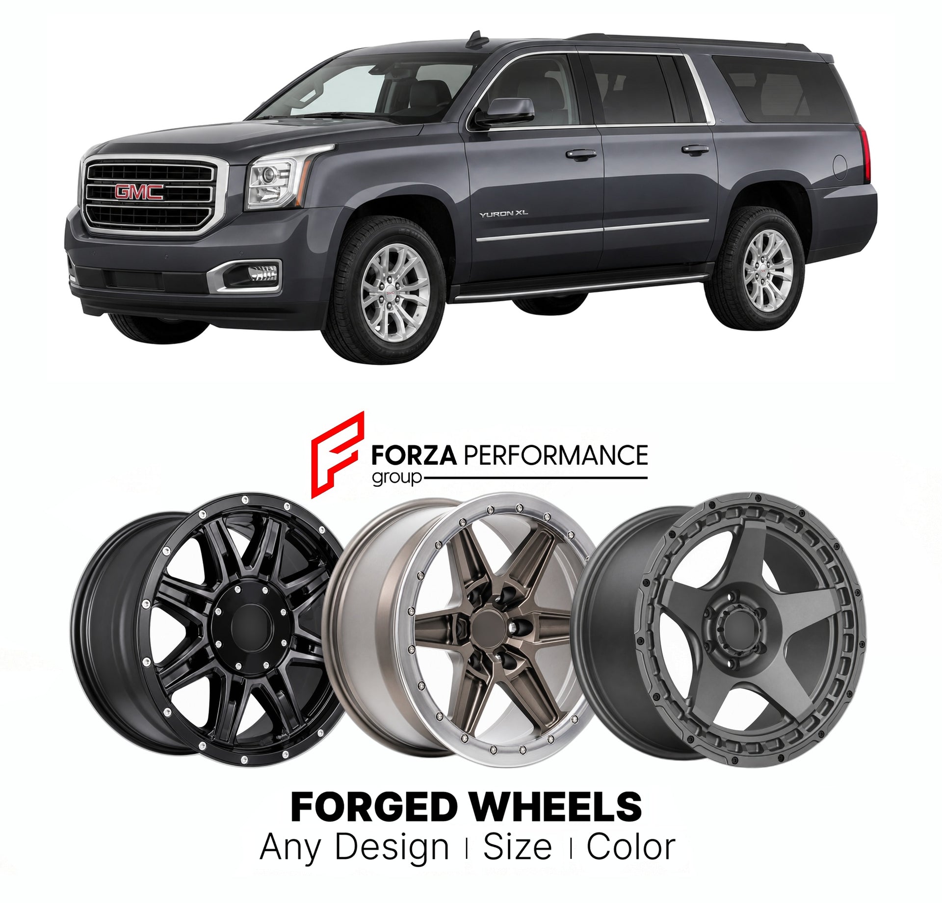 FORGED WHEELS RIMS for GMC YUKON XL K2UG T1UG 2015+

Custom forged wheels for GMC Yukon XL K2UG T1UG 2015+. Made-to-order monoblock, 2-piece and 3-piece rims in custom sizes, offsets, colors and finishes with guaranteed fitment.

We manufacture premium quality forged wheels rims for GMC Yukon XL K2UG T1UG 2015+ in any design, size, color.

THIS WHEEL DESIGN CAN BE CUSTOM-MADE FOR YOUR CAR IN ANY SIZE AND COLOR OPTIONS
Available in monoblock, 2-piece, 3-piece, duoblock, beadlock
3D wheel renderings are provi