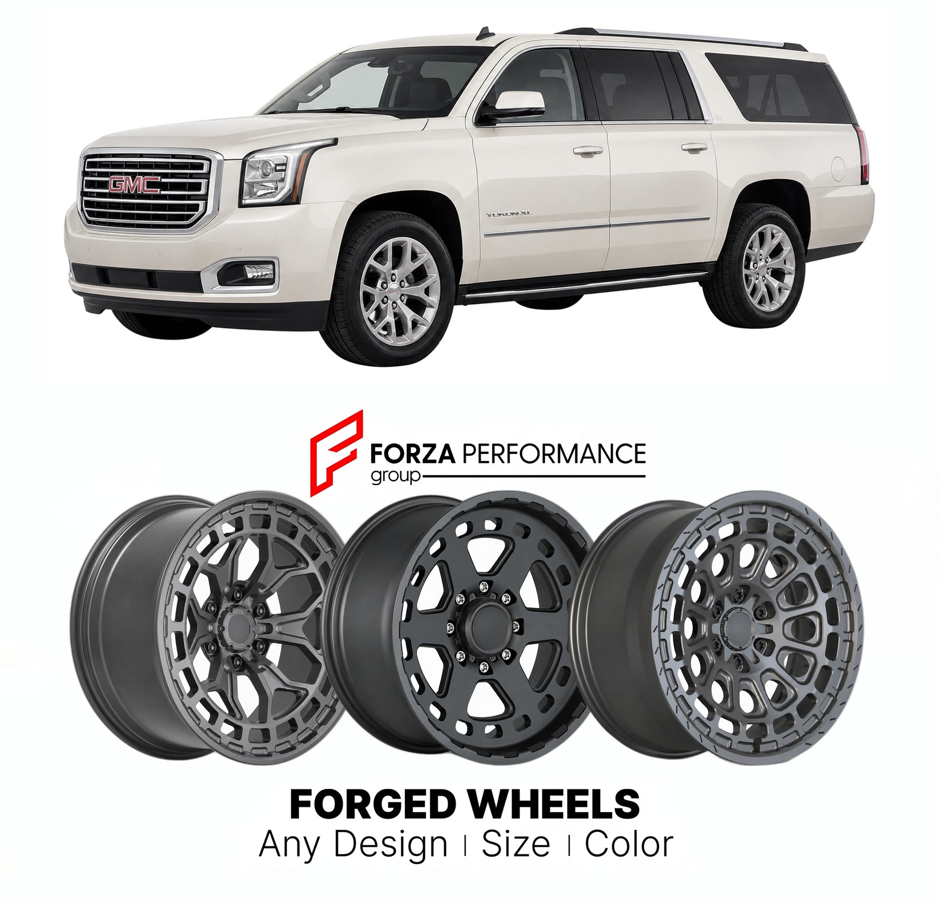 FORGED WHEELS RIMS for GMC YUKON XL K2XX 2015 - 2020

Custom forged wheels for GMC Yukon XL K2XX 2015 - 2020. Made-to-order monoblock, 2-piece and 3-piece rims in custom sizes, offsets, colors and finishes with guaranteed fitment.

We manufacture premium quality forged wheels rims for GMC Yukon XL K2XX 2015 - 2020 in any design, size, color.

THIS WHEEL DESIGN CAN BE CUSTOM-MADE FOR YOUR CAR IN ANY SIZE AND COLOR OPTIONS
Available in monoblock, 2-piece, 3-piece, duoblock, beadlock
3D wheel renderings are pr