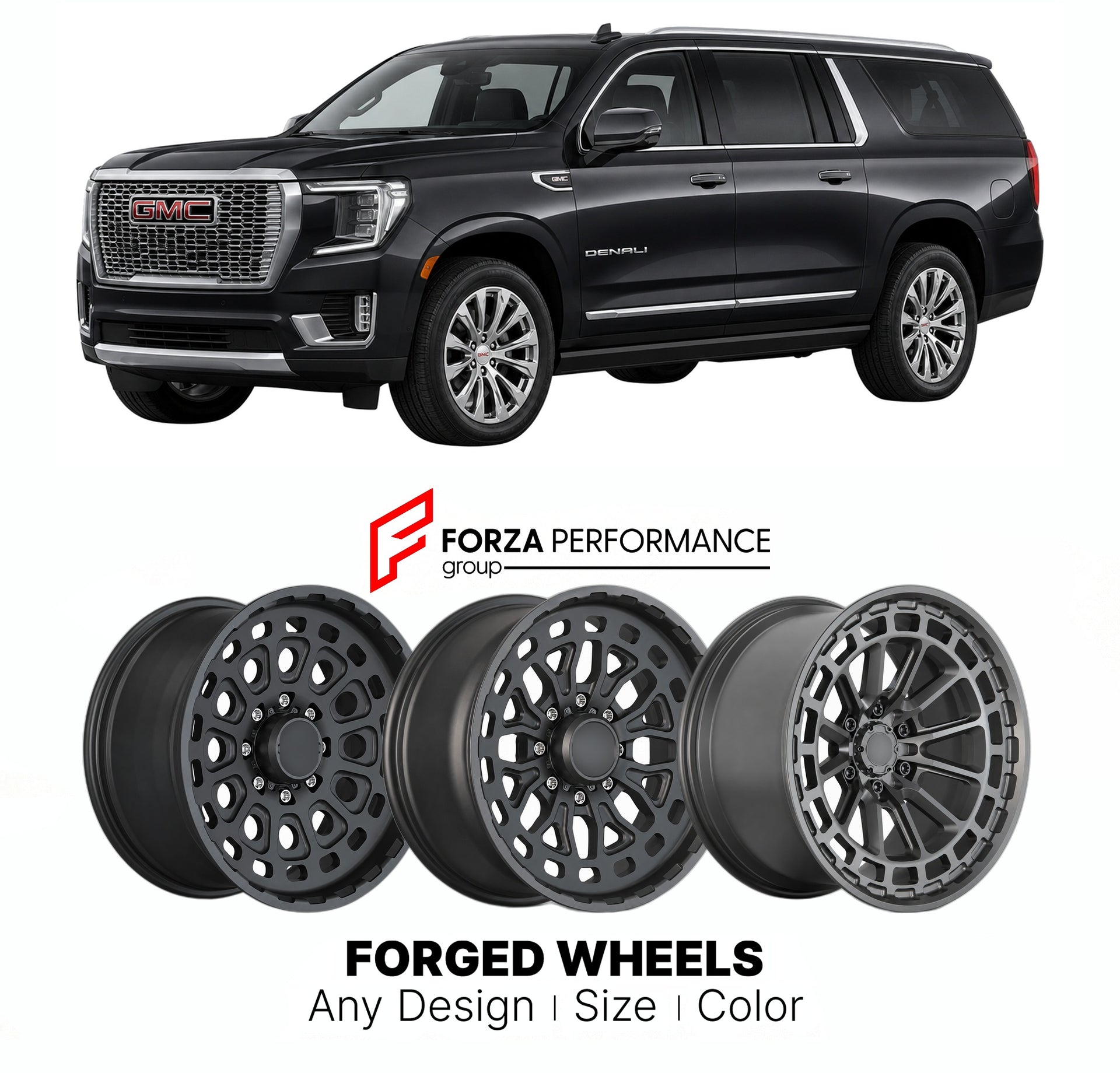 FORGED WHEELS RIMS for GMC YUKON XL T1XX 2021+

Custom forged wheels for GMC Yukon XL T1XX 2021+. Made-to-order monoblock, 2-piece and 3-piece rims in custom sizes, offsets, colors and finishes with guaranteed fitment.

We manufacture premium quality forged wheels rims for GMC Yukon XL T1XX 2021+ in any design, size, color.

THIS WHEEL DESIGN CAN BE CUSTOM-MADE FOR YOUR CAR IN ANY SIZE AND COLOR OPTIONS
Available in monoblock, 2-piece, 3-piece, duoblock, beadlock
3D wheel renderings are provided according t