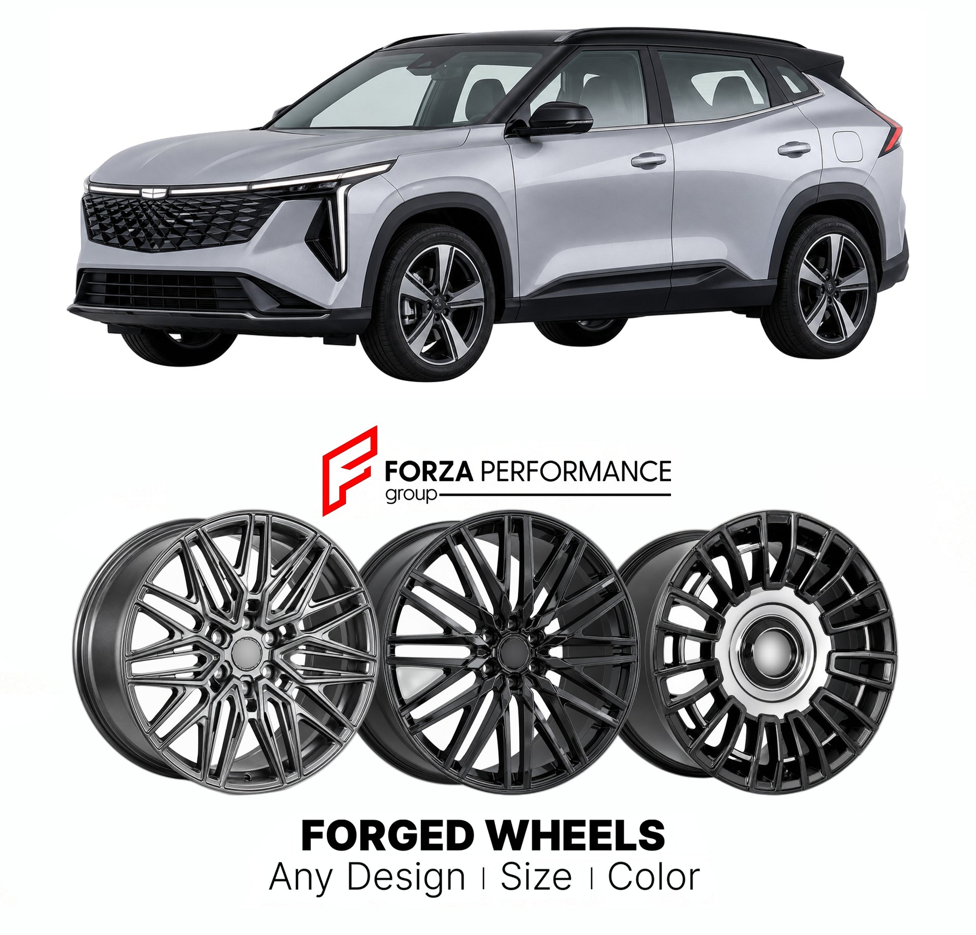 Custom forged wheels for Geely Cityray Boyue Cool 2023+. Made-to-order monoblock, 2-piece and 3-piece wheels in custom sizes, offsets, colors and finishes with guaranteed vehicle fitment.

We manufacture premium quality forged wheels rims for Geely Cityray Boyue Cool 2023+ in any design, size, color.

THIS WHEEL DESIGN CAN BE CUSTOM-MADE FOR YOUR CAR IN ANY SIZE AND COLOR OPTIONS
Available in monoblock, 2-piece, 3-piece, duoblock, beadlock
3D wheel renderings are provided according to the exact dimensions a