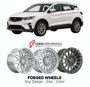Custom forged wheels for Geely Coolray Binyue 2018+. Made-to-order monoblock, 2-piece and 3-piece wheels in custom sizes, offsets, colors and finishes with guaranteed vehicle fitment.

We manufacture premium quality forged wheels rims for Geely Coolray Binyue 2018+ in any design, size, color.

THIS WHEEL DESIGN CAN BE CUSTOM-MADE FOR YOUR CAR IN ANY SIZE AND COLOR OPTIONS
Available in monoblock, 2-piece, 3-piece, duoblock, beadlock
3D wheel renderings are provided according to the exact dimensions and speci