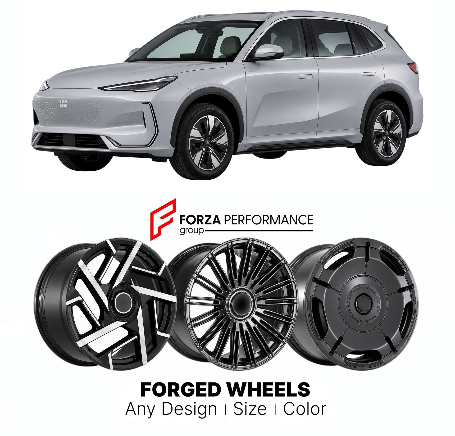 Custom forged wheels for Geely EX5 Galaxy E5 2024+. Made-to-order monoblock, 2-piece and 3-piece wheels in custom sizes, offsets, colors and finishes with guaranteed vehicle fitment.

We manufacture premium quality forged wheels rims for Geely EX5 Galaxy E5 2024+ in any design, size, color.

THIS WHEEL DESIGN CAN BE CUSTOM-MADE FOR YOUR CAR IN ANY SIZE AND COLOR OPTIONS
Available in monoblock, 2-piece, 3-piece, duoblock, beadlock
3D wheel renderings are provided according to the exact dimensions and specifi