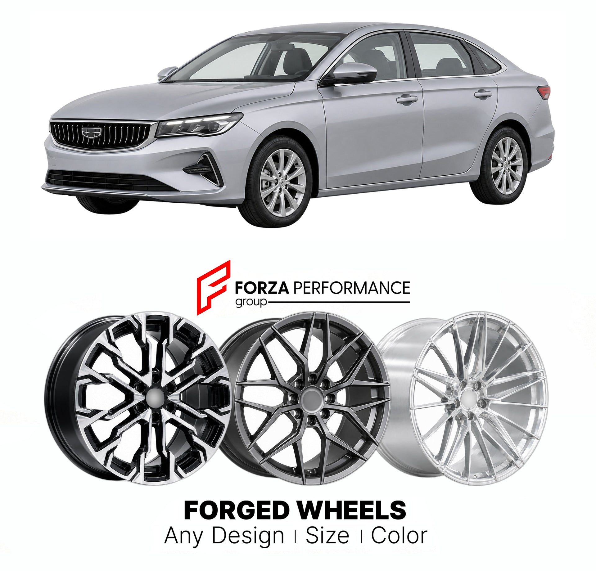 Custom forged wheels for Geely Emgrand 2021+. Made-to-order monoblock, 2-piece and 3-piece wheels in custom sizes, offsets, colors and finishes with guaranteed vehicle fitment.

We manufacture premium quality forged wheels rims for Geely Emgrand 2021+ in any design, size, color.

THIS WHEEL DESIGN CAN BE CUSTOM-MADE FOR YOUR CAR IN ANY SIZE AND COLOR OPTIONS
Available in monoblock, 2-piece, 3-piece, duoblock, beadlock
3D wheel renderings are provided according to the exact dimensions and specifications requ
