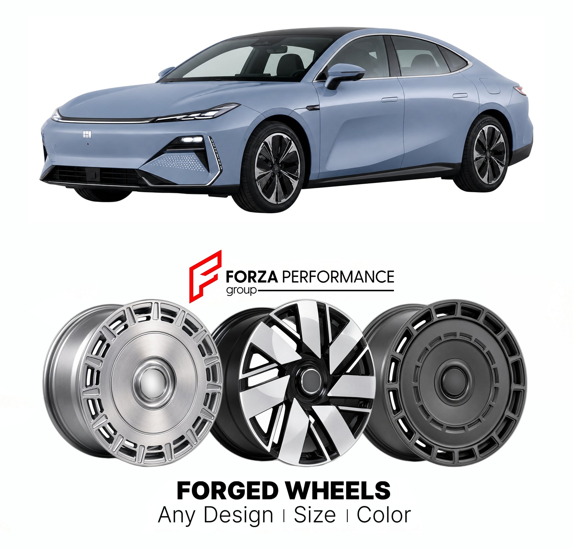 Custom forged wheels for Geely Galaxy E8 2024+. Made-to-order monoblock, 2-piece and 3-piece wheels in custom sizes, offsets, colors and finishes with guaranteed vehicle fitment.

We manufacture premium quality forged wheels rims for Geely Galaxy E8 2024+ in any design, size, color.

THIS WHEEL DESIGN CAN BE CUSTOM-MADE FOR YOUR CAR IN ANY SIZE AND COLOR OPTIONS
Available in monoblock, 2-piece, 3-piece, duoblock, beadlock
3D wheel renderings are provided according to the exact dimensions and specifications 