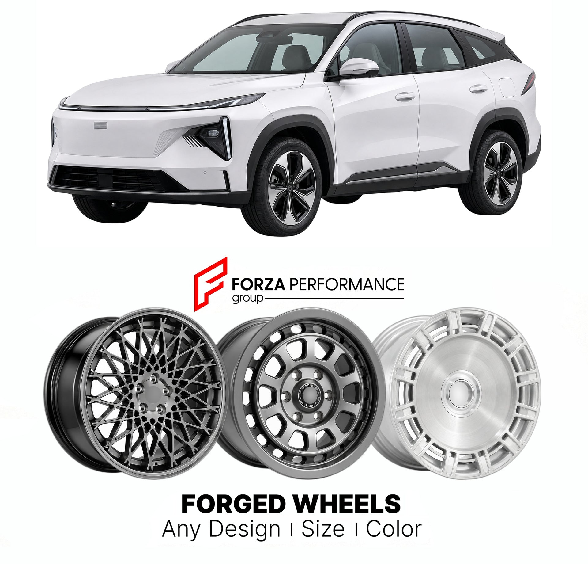 Custom forged wheels for Geely Galaxy L7 2023+. Made-to-order monoblock, 2-piece and 3-piece wheels in custom sizes, offsets, colors and finishes with guaranteed vehicle fitment.

We manufacture premium quality forged wheels rims for Geely Galaxy L7 2023+ in any design, size, color.

THIS WHEEL DESIGN CAN BE CUSTOM-MADE FOR YOUR CAR IN ANY SIZE AND COLOR OPTIONS
Available in monoblock, 2-piece, 3-piece, duoblock, beadlock
3D wheel renderings are provided according to the exact dimensions and specifications 