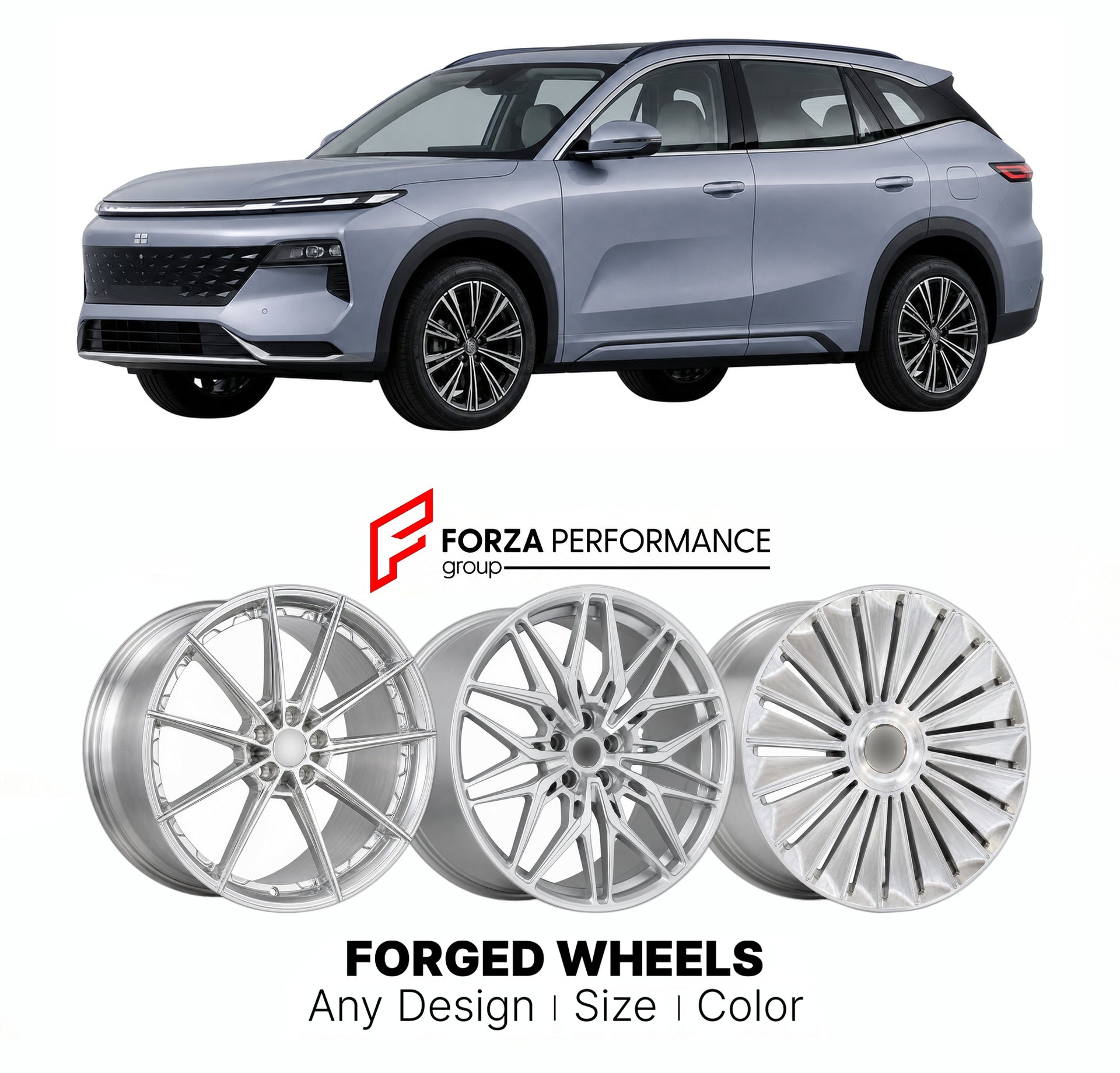 Custom forged wheels for Geely Galaxy Starship 7 EM-i 2024+. Made-to-order monoblock, 2-piece and 3-piece wheels in custom sizes, offsets, colors and finishes with guaranteed vehicle fitment.

We manufacture premium quality forged wheels rims for Geely Galaxy Starship 7 EM-i 2024+ in any design, size, color.

THIS WHEEL DESIGN CAN BE CUSTOM-MADE FOR YOUR CAR IN ANY SIZE AND COLOR OPTIONS
Available in monoblock, 2-piece, 3-piece, duoblock, beadlock
3D wheel renderings are provided according to the exact dime