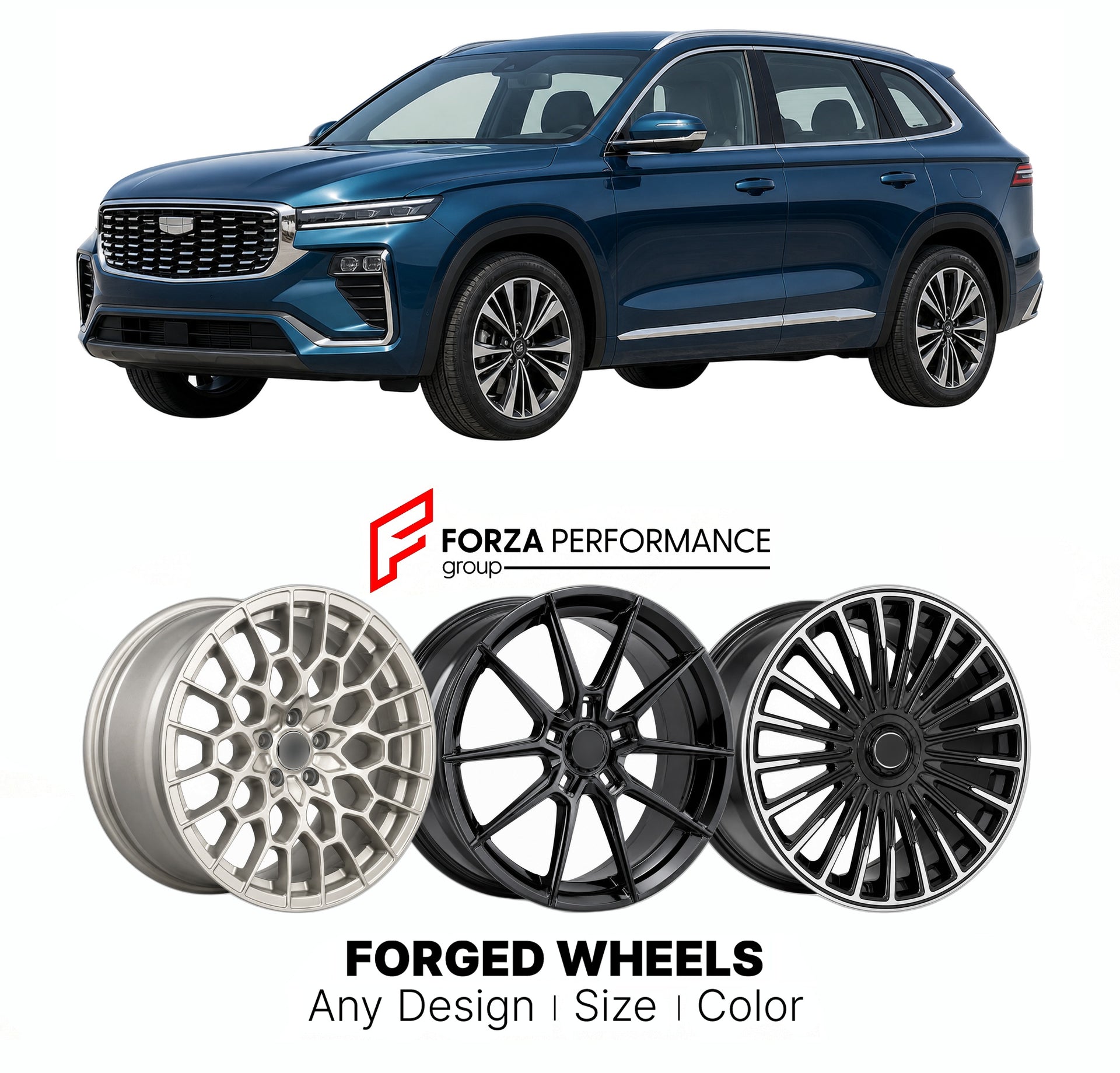 Custom forged wheels for Geely Monjaro Xingyue L 2021+. Made-to-order monoblock, 2-piece and 3-piece wheels in custom sizes, offsets, colors and finishes with guaranteed vehicle fitment.

We manufacture premium quality forged wheels rims for Geely Monjaro Xingyue L 2021+ in any design, size, color.

THIS WHEEL DESIGN CAN BE CUSTOM-MADE FOR YOUR CAR IN ANY SIZE AND COLOR OPTIONS
Available in monoblock, 2-piece, 3-piece, duoblock, beadlock
3D wheel renderings are provided according to the exact dimensions and
