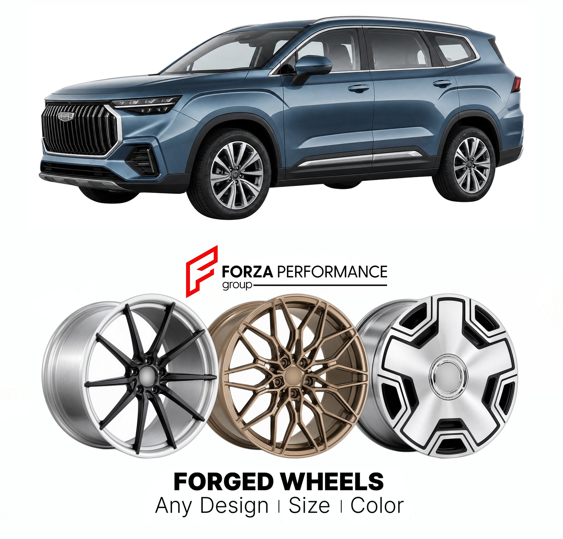 Custom forged wheels for Geely Okavango Haoyue 2020+. Made-to-order monoblock, 2-piece and 3-piece wheels in custom sizes, offsets, colors and finishes with guaranteed vehicle fitment.

We manufacture premium quality forged wheels rims for Geely Okavango Haoyue 2020+ in any design, size, color.

THIS WHEEL DESIGN CAN BE CUSTOM-MADE FOR YOUR CAR IN ANY SIZE AND COLOR OPTIONS
Available in monoblock, 2-piece, 3-piece, duoblock, beadlock
3D wheel renderings are provided according to the exact dimensions and spe