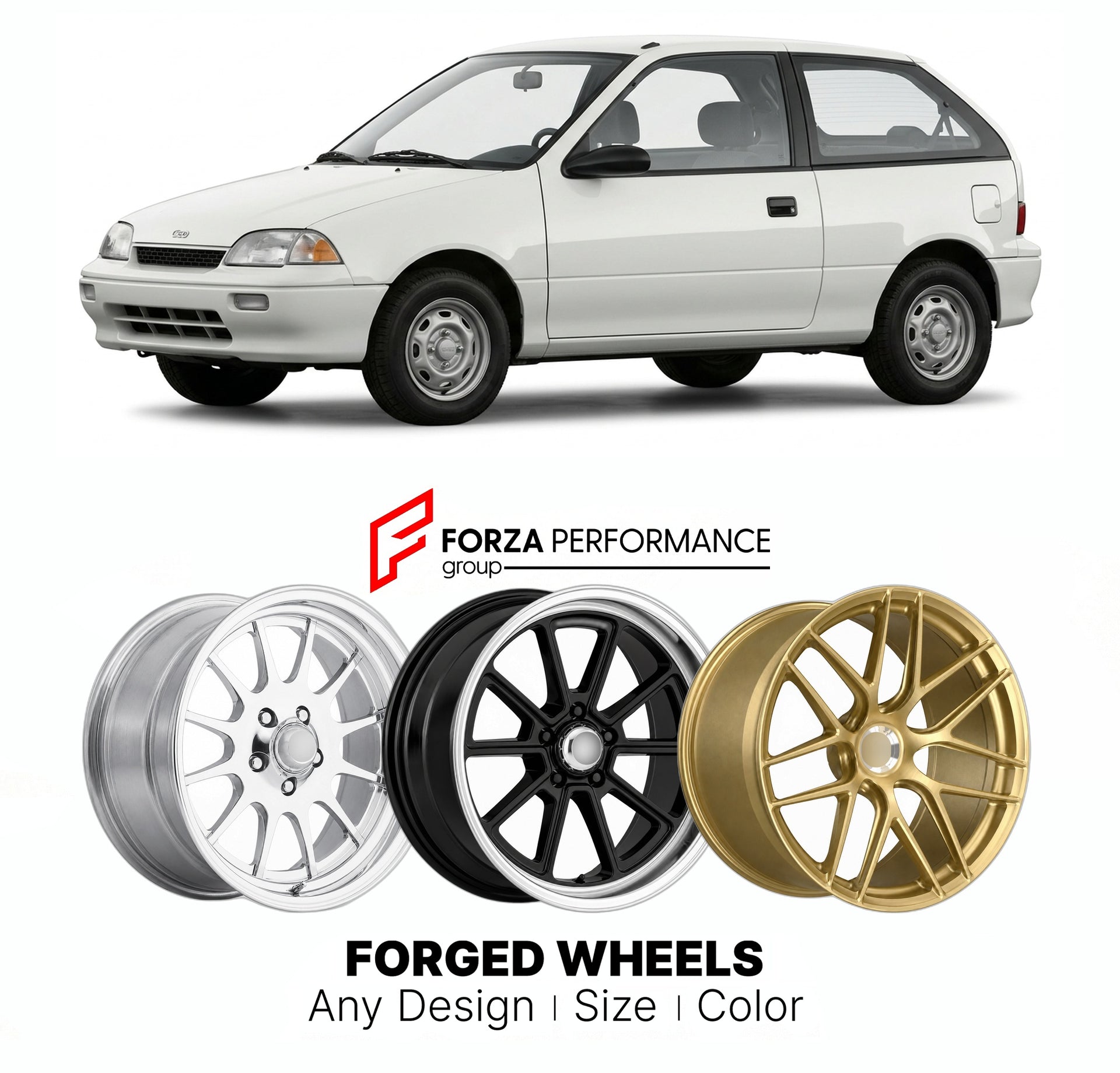 FORGED WHEELS RIMS for GEO METRO 1990 - 1997

Custom forged wheels for Geo Metro 1990 - 1997. Made-to-order monoblock, 2-piece and 3-piece rims in custom sizes, offsets, colors and finishes with guaranteed fitment.

We manufacture premium quality forged wheels rims for Geo Metro 1990 - 1997 in any design, size, color.

THIS WHEEL DESIGN CAN BE CUSTOM-MADE FOR YOUR CAR IN ANY SIZE AND COLOR OPTIONS
Available in monoblock, 2-piece, 3-piece, duoblock, beadlock
3D wheel renderings are provided according to the 