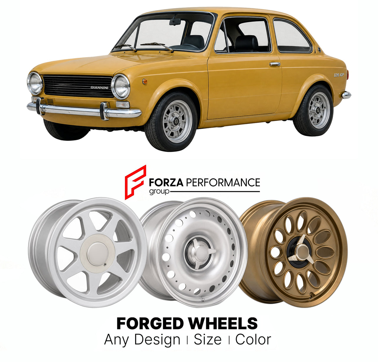 CUSTOM CLASSIC VINTAGE RESTOMOD RETRO OLD SCHOOL FORGED WHEELS RIMS for GIANNINI 126 GP 1972 - 1976

Custom forged wheels for Giannini 126 GP 1972 - 1976. Classic, vintage, restomod wheel designs made to order in custom sizes, offsets, colors and finishes.

We manufacture premium quality forged wheels rims for Giannini 126 GP 1972 - 1976 in any design, size, color.

THIS WHEEL DESIGN CAN BE CUSTOM-MADE FOR YOUR CAR IN ANY SIZE AND COLOR OPTIONS
Available in monoblock, 2-piece, 3-piece, duoblock, beadlock
3D
