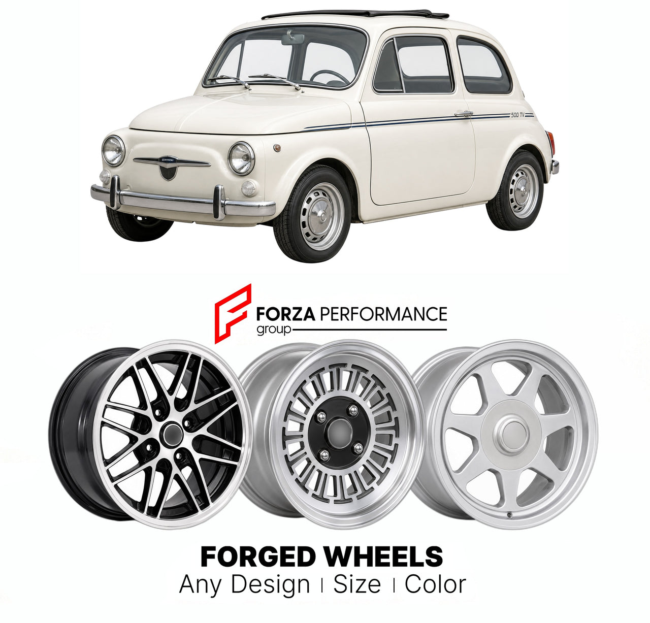 CUSTOM CLASSIC VINTAGE RESTOMOD RETRO OLD SCHOOL FORGED WHEELS RIMS for GIANNINI 500 TV 1963 - 1969

Custom forged wheels for Giannini 500 TV 1963 - 1969. Classic, vintage, restomod wheel designs made to order in custom sizes, offsets, colors and finishes.

We manufacture premium quality forged wheels rims for Giannini 500 TV 1963 - 1969 in any design, size, color.

THIS WHEEL DESIGN CAN BE CUSTOM-MADE FOR YOUR CAR IN ANY SIZE AND COLOR OPTIONS
Available in monoblock, 2-piece, 3-piece, duoblock, beadlock
3D