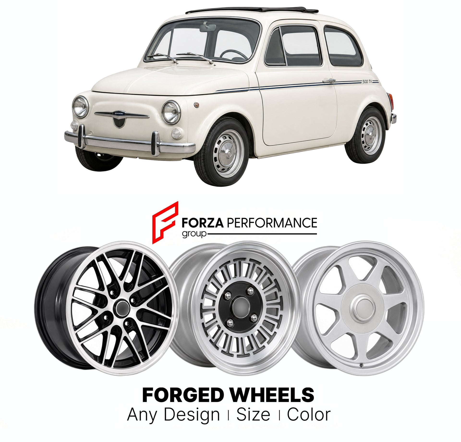 CUSTOM CLASSIC VINTAGE RESTOMOD RETRO OLD SCHOOL FORGED WHEELS RIMS for GIANNINI 500 TV 1963 - 1969

Custom forged wheels for Giannini 500 TV 1963 - 1969. Classic, vintage, restomod wheel designs made to order in custom sizes, offsets, colors and finishes.

We manufacture premium quality forged wheels rims for Giannini 500 TV 1963 - 1969 in any design, size, color.

THIS WHEEL DESIGN CAN BE CUSTOM-MADE FOR YOUR CAR IN ANY SIZE AND COLOR OPTIONS
Available in monoblock, 2-piece, 3-piece, duoblock, beadlock
3D