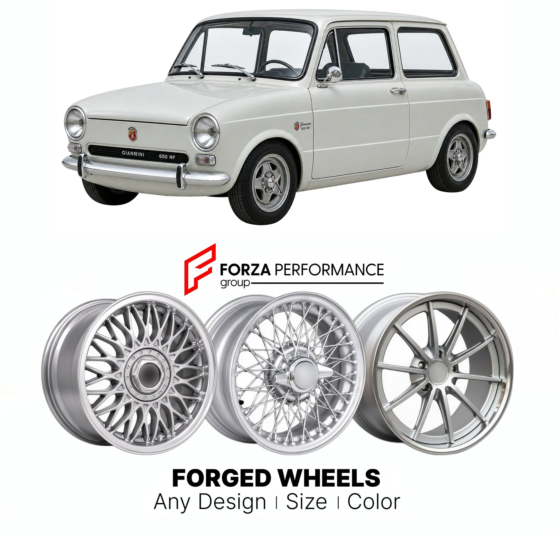 CUSTOM CLASSIC VINTAGE RESTOMOD RETRO OLD SCHOOL FORGED WHEELS RIMS for GIANNINI 650 NP 1967 - 1971

Custom forged wheels for Giannini 650 NP 1967 - 1971. Classic, vintage, restomod wheel designs made to order in custom sizes, offsets, colors and finishes.

We manufacture premium quality forged wheels rims for Giannini 650 NP 1967 - 1971 in any design, size, color.

THIS WHEEL DESIGN CAN BE CUSTOM-MADE FOR YOUR CAR IN ANY SIZE AND COLOR OPTIONS
Available in monoblock, 2-piece, 3-piece, duoblock, beadlock
3D