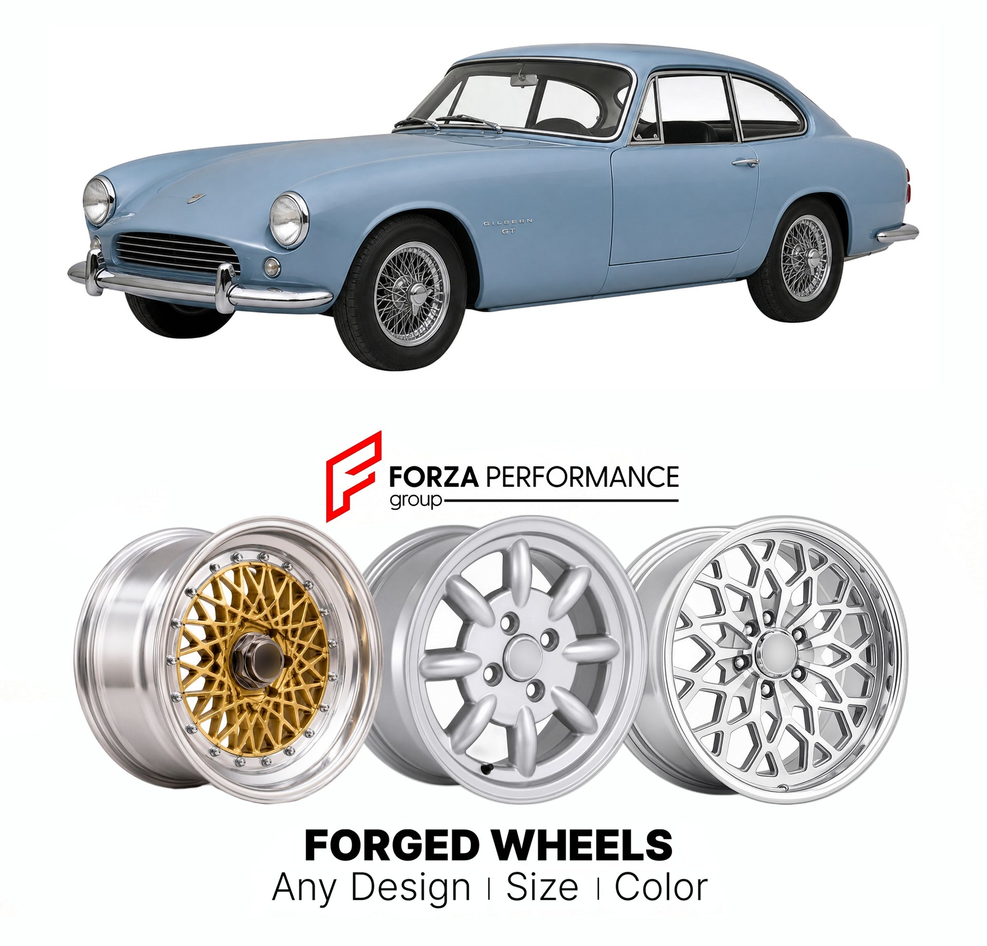 CUSTOM CLASSIC VINTAGE RESTOMOD RETRO OLD SCHOOL FORGED WHEELS RIMS for GILBERN GT 1959 - 1967

Custom forged wheels for Gilbern GT 1959 - 1967. Classic, vintage, restomod wheel designs made to order in custom sizes, offsets, colors and finishes.

We manufacture premium quality forged wheels rims for Gilbern GT 1959 - 1967 in any design, size, color.

THIS WHEEL DESIGN CAN BE CUSTOM-MADE FOR YOUR CAR IN ANY SIZE AND COLOR OPTIONS
Available in monoblock, 2-piece, 3-piece, duoblock, beadlock
3D wheel renderin