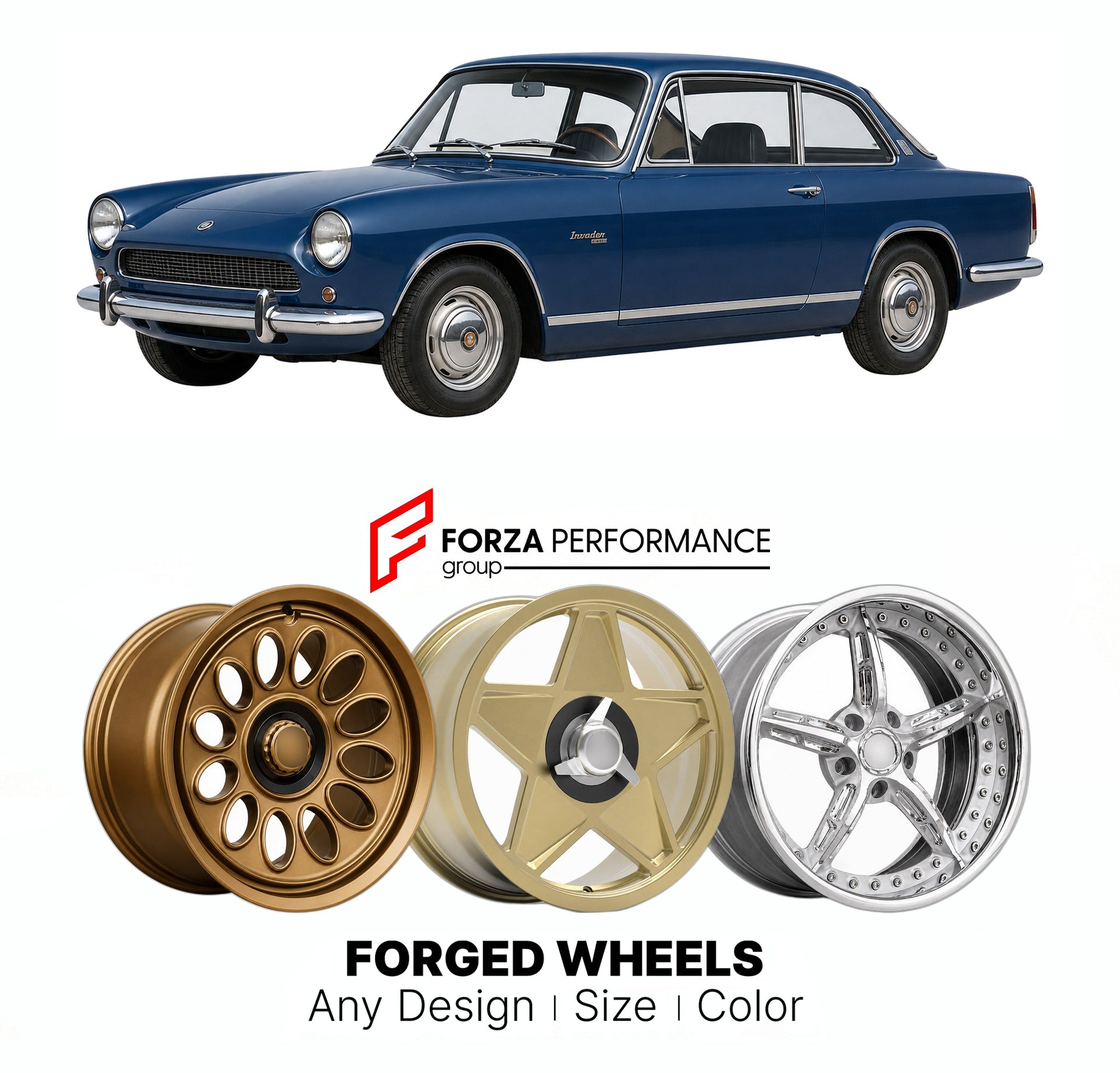 CUSTOM CLASSIC VINTAGE RESTOMOD RETRO OLD SCHOOL FORGED WHEELS RIMS for GILBERN INVADER MK I-III 1969 - 1973

Custom forged wheels for Gilbern Invader MK I-III 1969 - 1973. Classic, vintage, restomod wheel designs made to order in custom sizes, offsets, colors and finishes.

We manufacture premium quality forged wheels rims for Gilbern Invader MK I-III 1969 - 1973 in any design, size, color.

THIS WHEEL DESIGN CAN BE CUSTOM-MADE FOR YOUR CAR IN ANY SIZE AND COLOR OPTIONS
Available in monoblock, 2-piece, 3-p