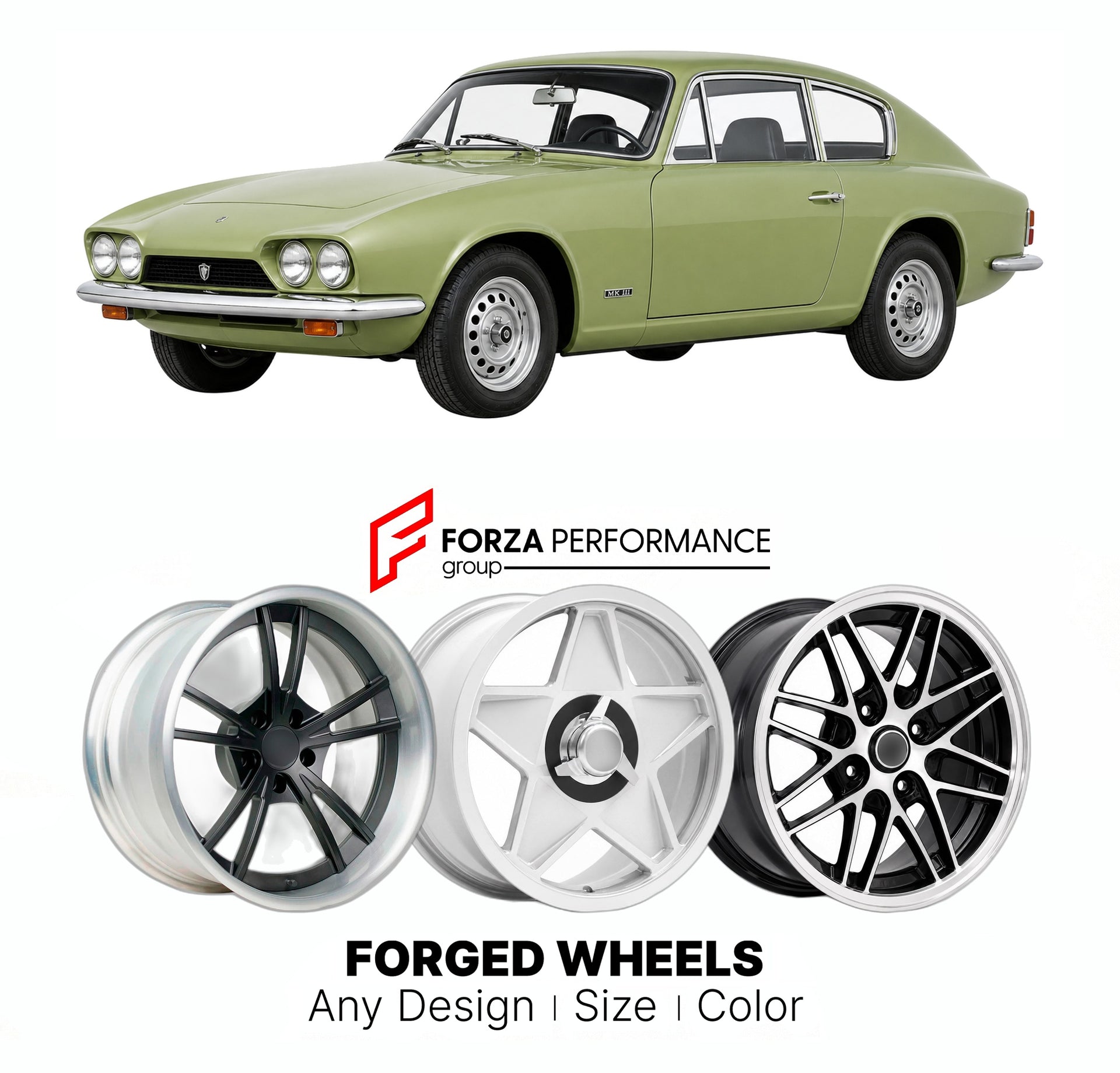 CUSTOM CLASSIC VINTAGE RESTOMOD RETRO OLD SCHOOL FORGED WHEELS RIMS for GILBERN INVADER MK III 1972 - 1973

Custom forged wheels for Gilbern Invader MK III 1972 - 1973. Classic, vintage, restomod wheel designs made to order in custom sizes, offsets, colors and finishes.

We manufacture premium quality forged wheels rims for Gilbern Invader MK III 1972 - 1973 in any design, size, color.

THIS WHEEL DESIGN CAN BE CUSTOM-MADE FOR YOUR CAR IN ANY SIZE AND COLOR OPTIONS
Available in monoblock, 2-piece, 3-piece, 