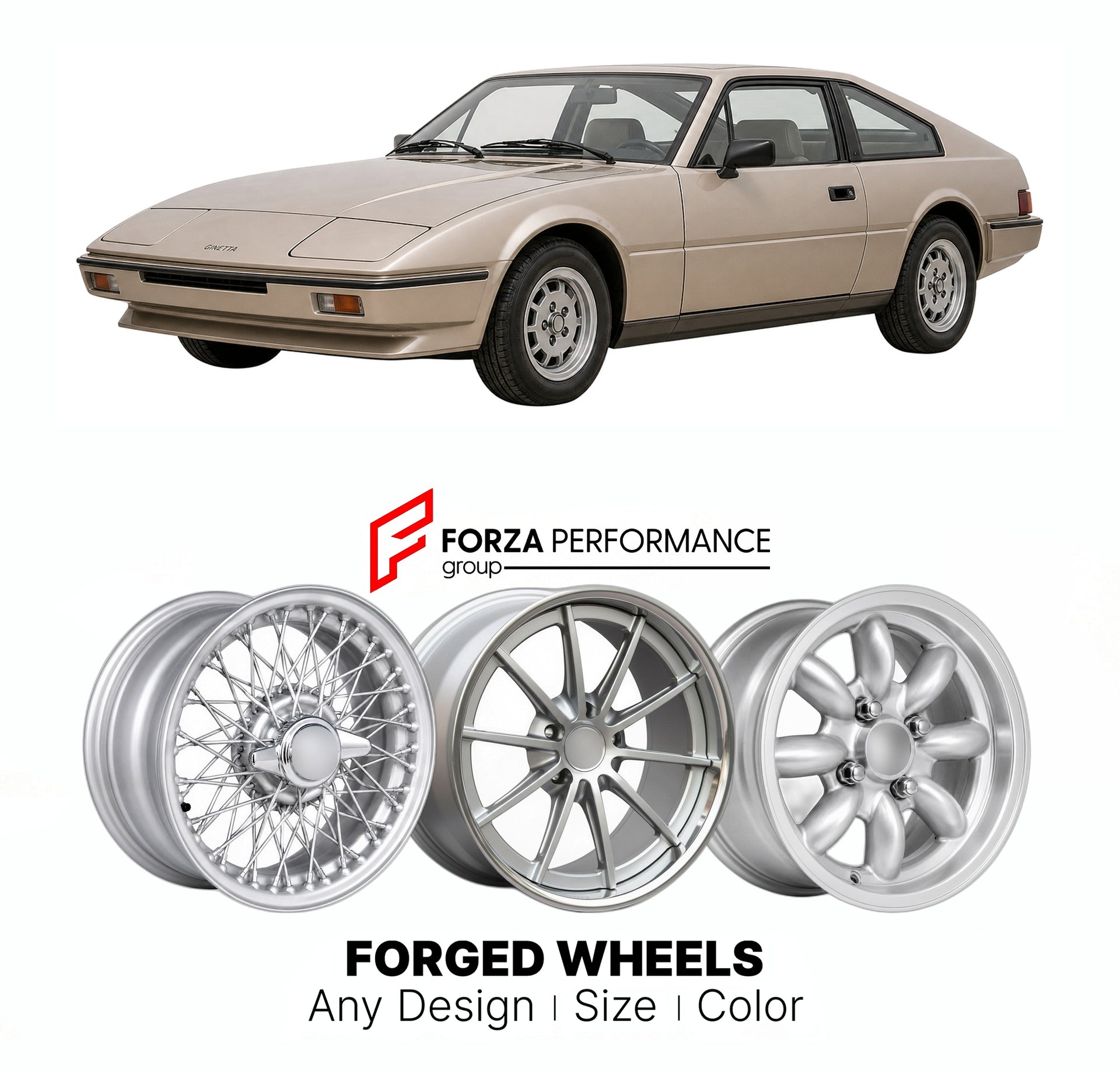 CUSTOM CLASSIC VINTAGE RESTOMOD RETRO OLD SCHOOL FORGED WHEELS RIMS for GINETTA G26 G28 G31 1984 - 1989

Custom forged wheels for Ginetta G26 G28 G31 1984 - 1989. Classic, vintage, restomod wheel designs made to order in custom sizes, offsets, colors and finishes.

We manufacture premium quality forged wheels rims for Ginetta G26 G28 G31 1984 - 1989 in any design, size, color.

THIS WHEEL DESIGN CAN BE CUSTOM-MADE FOR YOUR CAR IN ANY SIZE AND COLOR OPTIONS
Available in monoblock, 2-piece, 3-piece, duoblock,