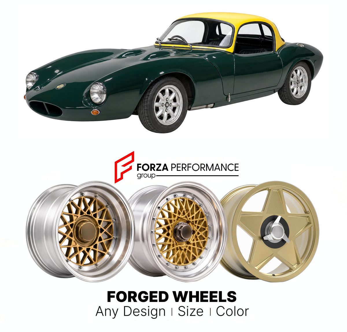 CUSTOM CLASSIC VINTAGE RESTOMOD RETRO OLD SCHOOL FORGED WHEELS RIMS for GINETTA G4 Series 3 1966 - 1969

Custom forged wheels for Ginetta G4 Series 3 1966 - 1969. Classic, vintage, restomod wheel designs made to order in custom sizes, offsets, colors and finishes.

We manufacture premium quality forged wheels rims for Ginetta G4 Series 3 1966 - 1969 in any design, size, color.

THIS WHEEL DESIGN CAN BE CUSTOM-MADE FOR YOUR CAR IN ANY SIZE AND COLOR OPTIONS
Available in monoblock, 2-piece, 3-piece, duoblock,
