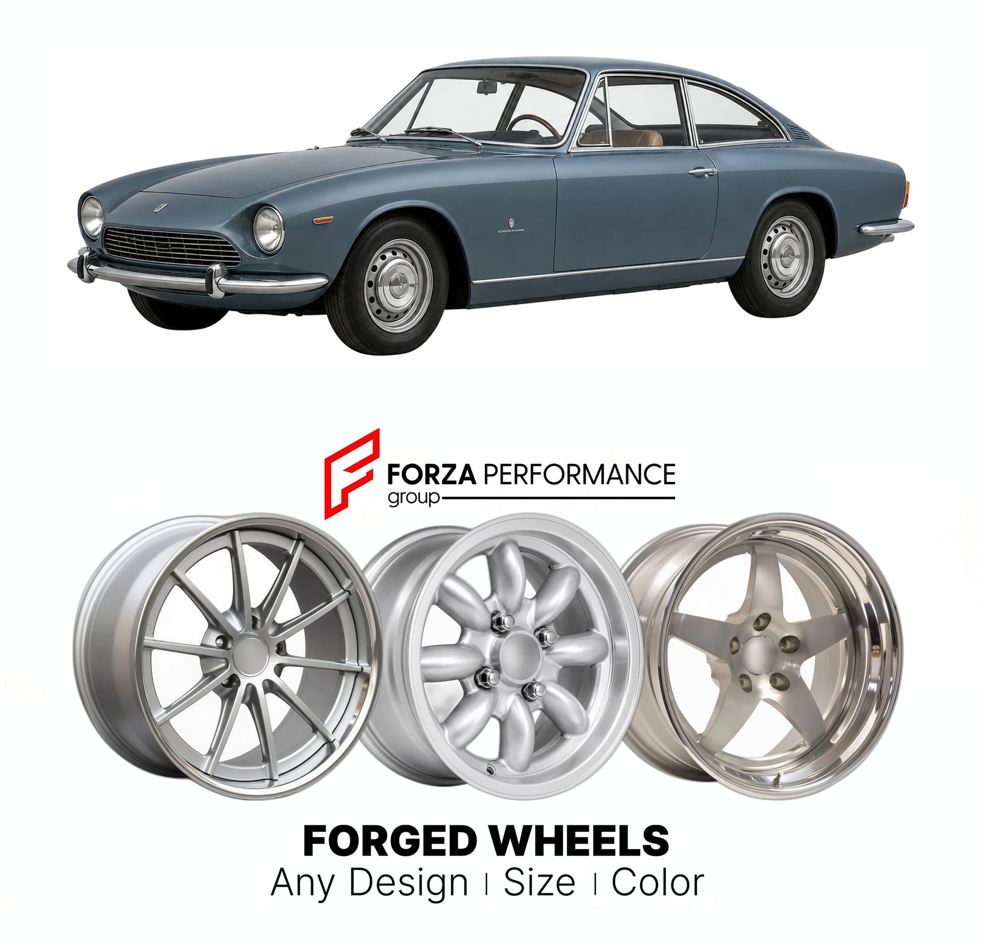 CUSTOM CLASSIC VINTAGE RESTOMOD RETRO OLD SCHOOL FORGED WHEELS RIMS for GLAS GT 1300 1700FRUA COUPE 1964 - 1968

Custom forged wheels for Glas GT 1300 1700Frua Coupe 1964 - 1968. Classic, vintage, restomod wheel designs made to order in custom sizes, offsets, colors and finishes.

We manufacture premium quality forged wheels rims for Glas GT 1300 1700Frua Coupe 1964 - 1968 in any design, size, color.

THIS WHEEL DESIGN CAN BE CUSTOM-MADE FOR YOUR CAR IN ANY SIZE AND COLOR OPTIONS
Available in monoblock, 2-p