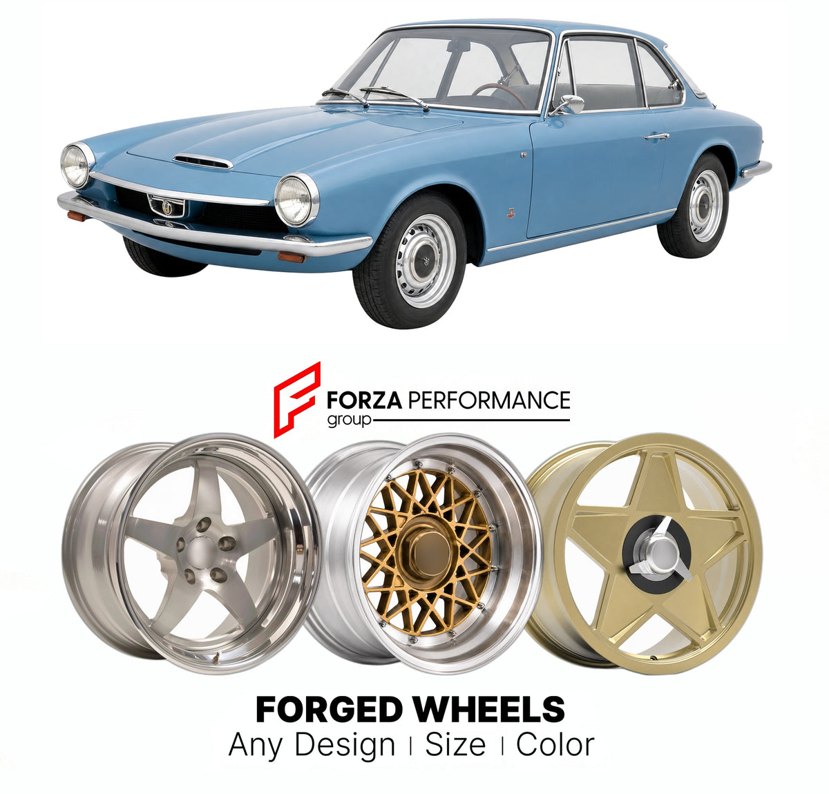 CUSTOM CLASSIC VINTAGE RESTOMOD RETRO OLD SCHOOL FORGED WHEELS RIMS for GLAS GT 1700 1965 - 1967

Custom forged wheels for Glas GT 1700 1965 - 1967. Classic, vintage, restomod wheel designs made to order in custom sizes, offsets, colors and finishes.

We manufacture premium quality forged wheels rims for Glas GT 1700 1965 - 1967 in any design, size, color.

THIS WHEEL DESIGN CAN BE CUSTOM-MADE FOR YOUR CAR IN ANY SIZE AND COLOR OPTIONS
Available in monoblock, 2-piece, 3-piece, duoblock, beadlock
3D wheel re