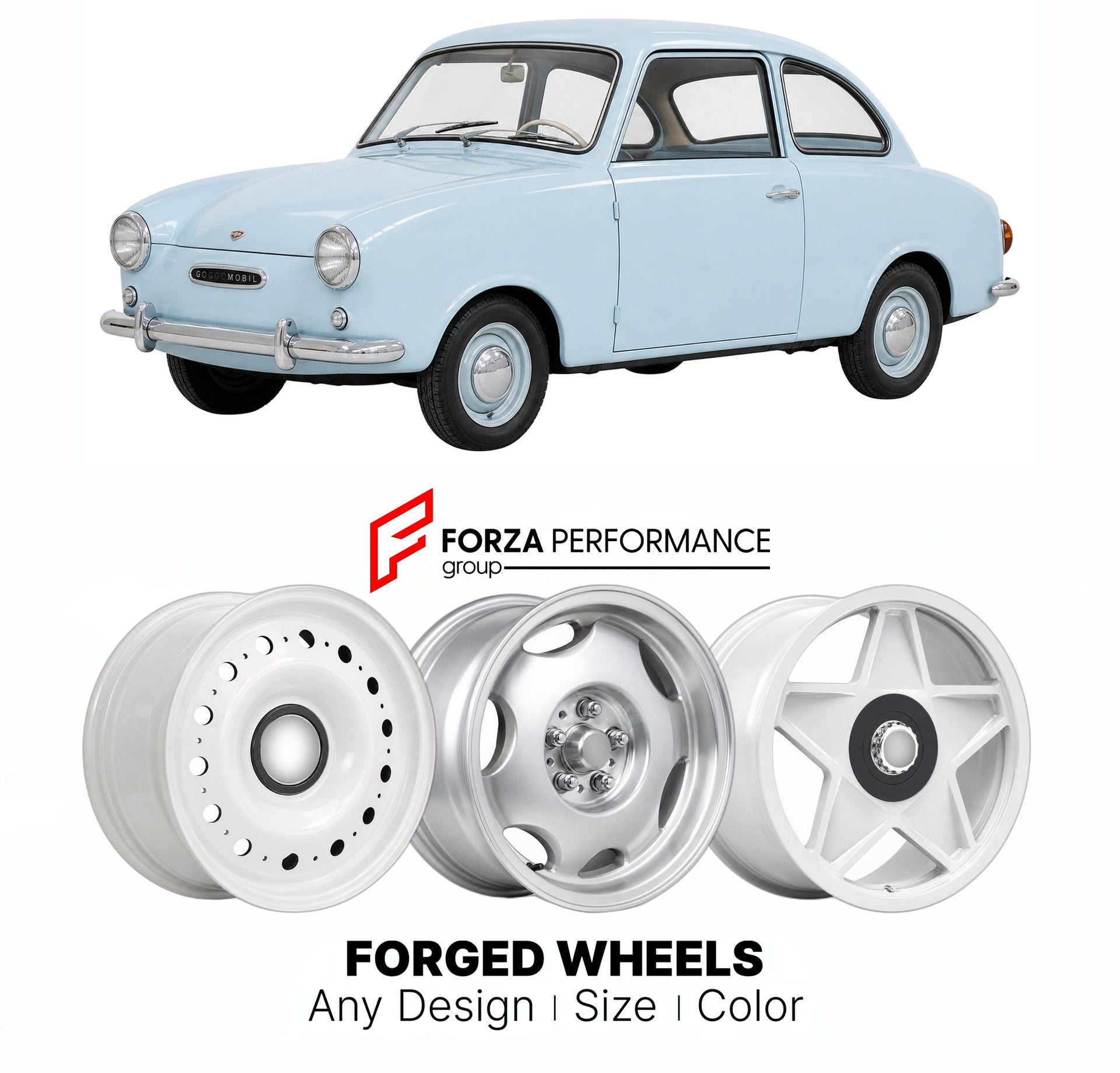 CUSTOM CLASSIC VINTAGE RESTOMOD RETRO OLD SCHOOL FORGED WHEELS RIMS for GLAS GOGGOMOBIL T TS TL 1955 - 1969

Custom forged wheels for Glas Goggomobil T TS TL 1955 - 1969. Classic, vintage, restomod wheel designs made to order in custom sizes, offsets, colors and finishes.

We manufacture premium quality forged wheels rims for Glas Goggomobil T TS TL 1955 - 1969 in any design, size, color.

THIS WHEEL DESIGN CAN BE CUSTOM-MADE FOR YOUR CAR IN ANY SIZE AND COLOR OPTIONS
Available in monoblock, 2-piece, 3-piec