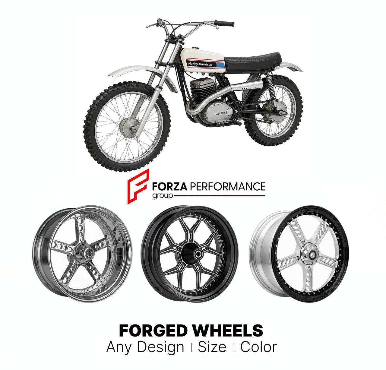 Custom forged motorcycle wheels for Harley Davidson Baja 100 1969 - 1972. Any size, color and finish. ABS/non-ABS fitment available.

We manufacture premium quality forged motorcycle wheels rims for Harley Davidson Baja 100 1969 - 1972 in any design, size, color.

We ensure your wheel set is delivered and fitted perfectly.

Finishing: Any

Optional for an additional price: Dual-Color, Brushing, Chroming, Polishing, Carbon Barrel.

We offer motorcycle wheels in many sizes: 12, 13, 14, 15, 16, 17, 18, 19, 20,