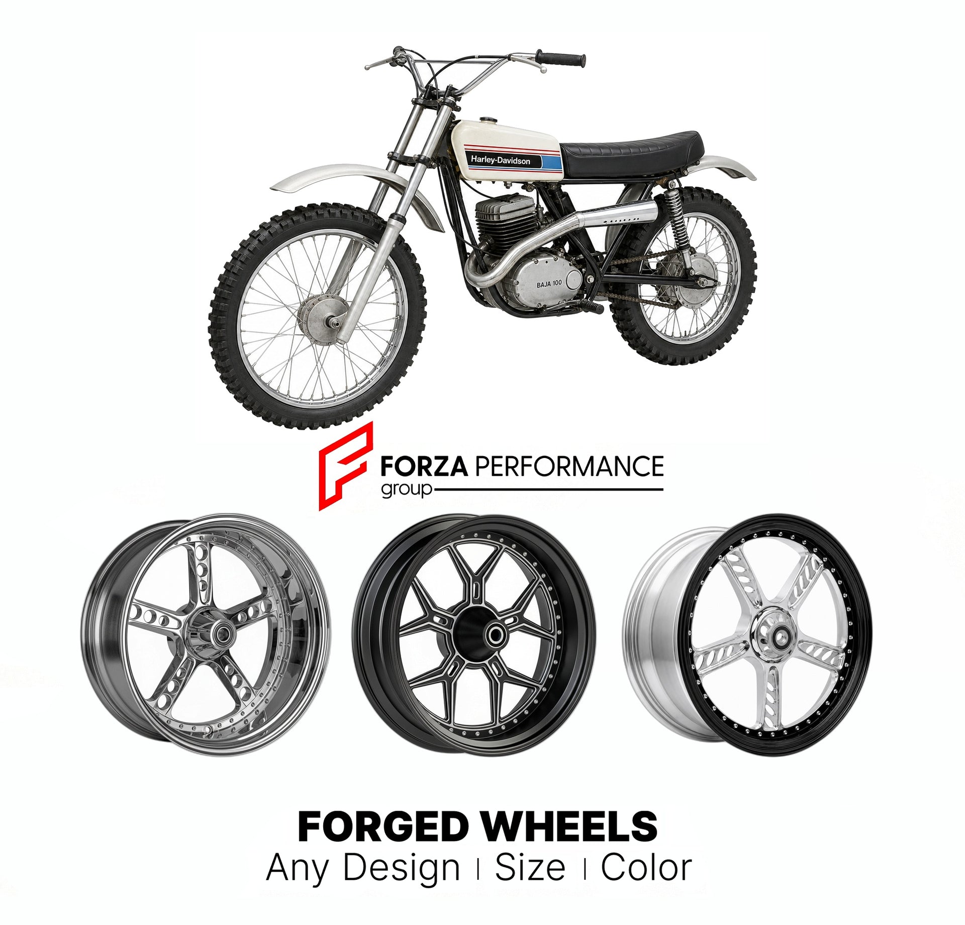 Custom forged motorcycle wheels for Harley Davidson Baja 100 1969 - 1972. Any size, color and finish. ABS/non-ABS fitment available.

We manufacture premium quality forged motorcycle wheels rims for Harley Davidson Baja 100 1969 - 1972 in any design, size, color.

We ensure your wheel set is delivered and fitted perfectly.

Finishing: Any

Optional for an additional price: Dual-Color, Brushing, Chroming, Polishing, Carbon Barrel.

We offer motorcycle wheels in many sizes: 12, 13, 14, 15, 16, 17, 18, 19, 20,