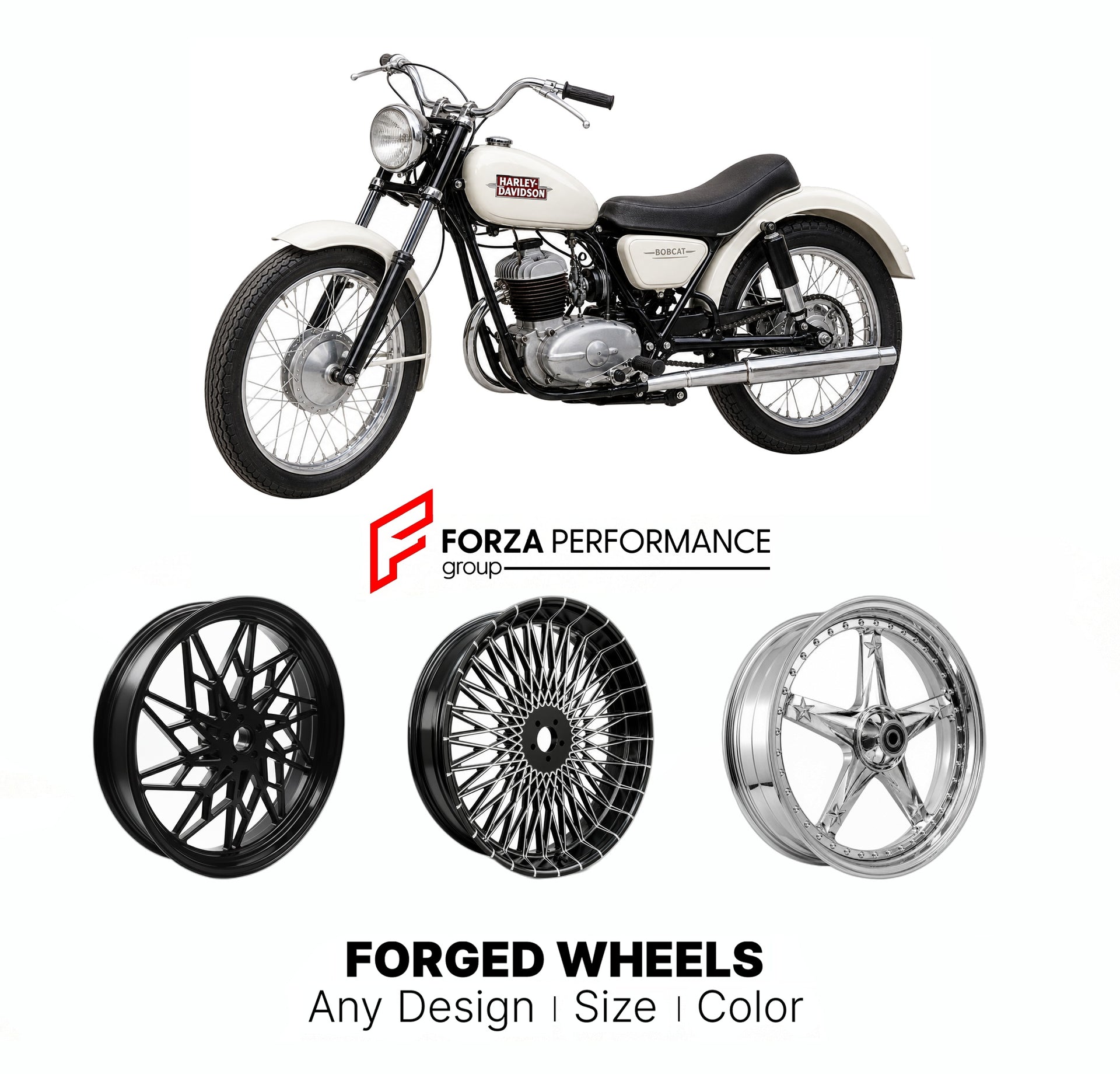 Custom forged motorcycle wheels for Harley Davidson Bobcat 1966 - 1966. Any size, color and finish. ABS/non-ABS fitment available.

We manufacture premium quality forged motorcycle wheels rims for Harley Davidson Bobcat 1966 - 1966 in any design, size, color.

We ensure your wheel set is delivered and fitted perfectly.

Finishing: Any

Optional for an additional price: Dual-Color, Brushing, Chroming, Polishing, Carbon Barrel.

We offer motorcycle wheels in many sizes: 12, 13, 14, 15, 16, 17, 18, 19, 20, 21,
