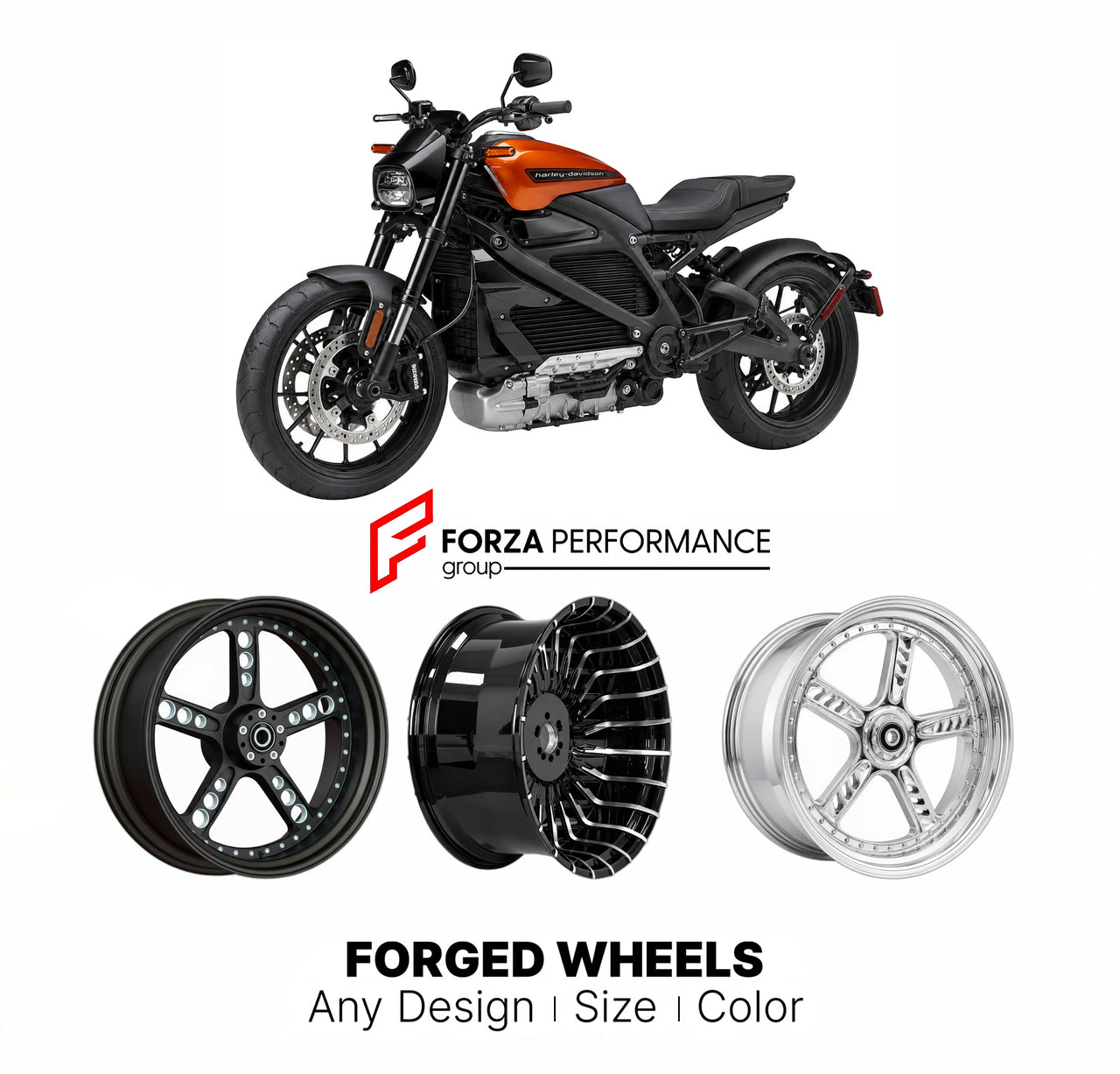 Custom forged motorcycle wheels for Harley Davidson ELW LiveWire 2019 - 2020. Any size, color and finish. ABS/non-ABS fitment available.

We manufacture premium quality forged motorcycle wheels rims for Harley Davidson ELW LiveWire 2019 - 2020 in any design, size, color.

We ensure your wheel set is delivered and fitted perfectly.

Finishing: Any

Optional for an additional price: Dual-Color, Brushing, Chroming, Polishing, Carbon Barrel.

We offer motorcycle wheels in many sizes: 12, 13, 14, 15, 16, 17, 18,
