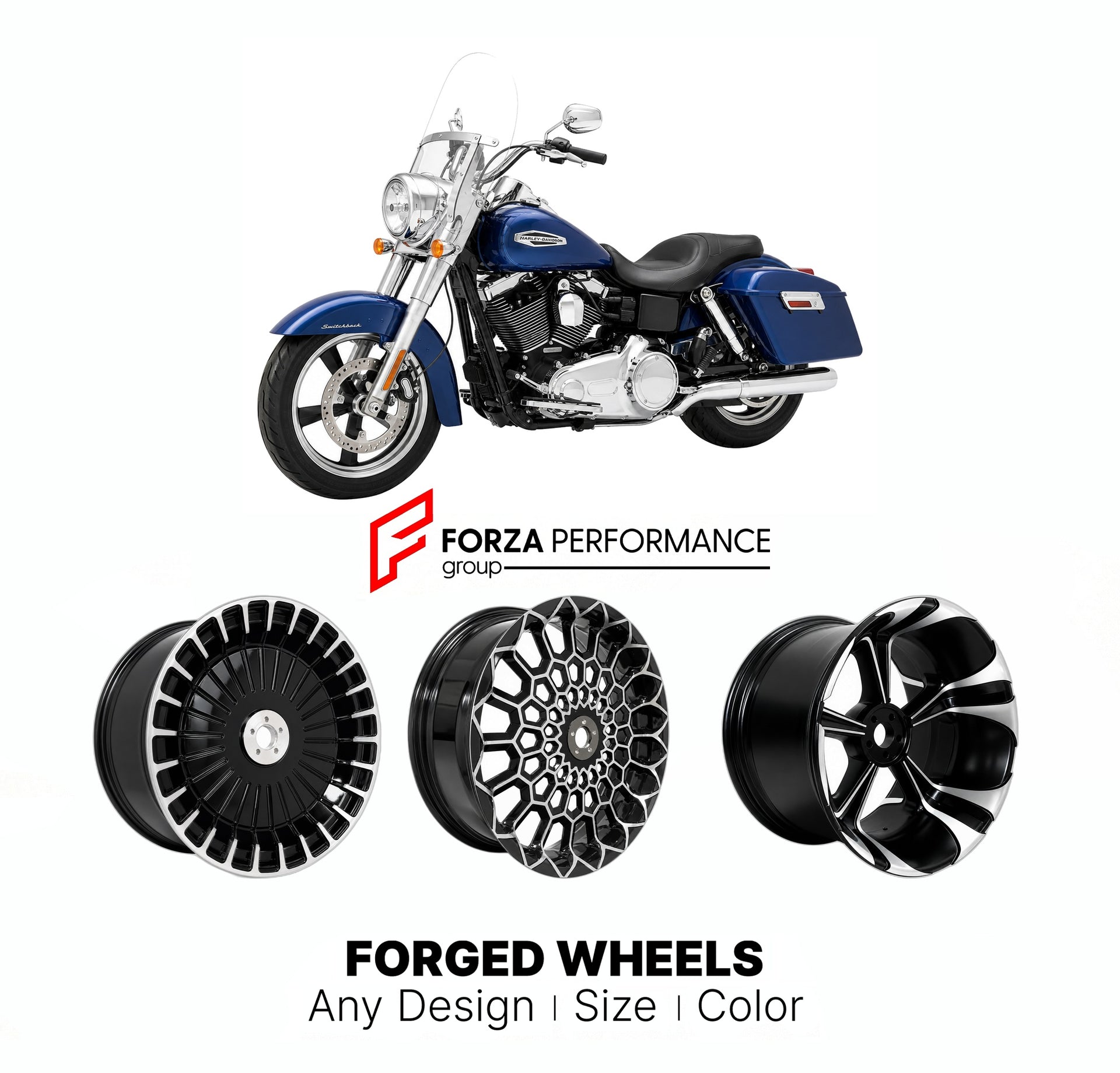 Custom forged motorcycle wheels for Harley Davidson FLD Switchback 2012 - 2016. Any size, color and finish. ABS/non-ABS fitment available.

We manufacture premium quality forged motorcycle wheels rims for Harley Davidson FLD Switchback 2012 - 2016 in any design, size, color.

We ensure your wheel set is delivered and fitted perfectly.

Finishing: Any

Optional for an additional price: Dual-Color, Brushing, Chroming, Polishing, Carbon Barrel.

We offer motorcycle wheels in many sizes: 12, 13, 14, 15, 16, 17,