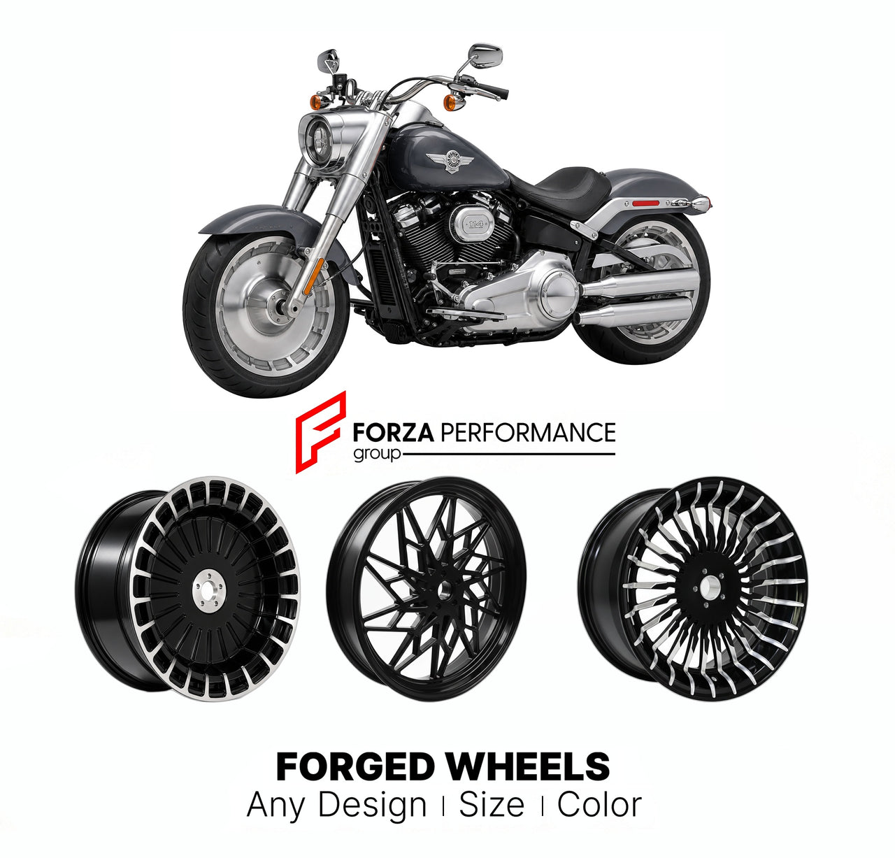 Custom forged motorcycle wheels for Harley Davidson FLFB Fat Boy 1990+. Any size, color and finish. ABS/non-ABS fitment available.

We manufacture premium quality forged motorcycle wheels rims for Harley Davidson FLFB Fat Boy 1990+ in any design, size, color.

We ensure your wheel set is delivered and fitted perfectly.

Finishing: Any

Optional for an additional price: Dual-Color, Brushing, Chroming, Polishing, Carbon Barrel.

We offer motorcycle wheels in many sizes: 12, 13, 14, 15, 16, 17, 18, 19, 20, 21,
