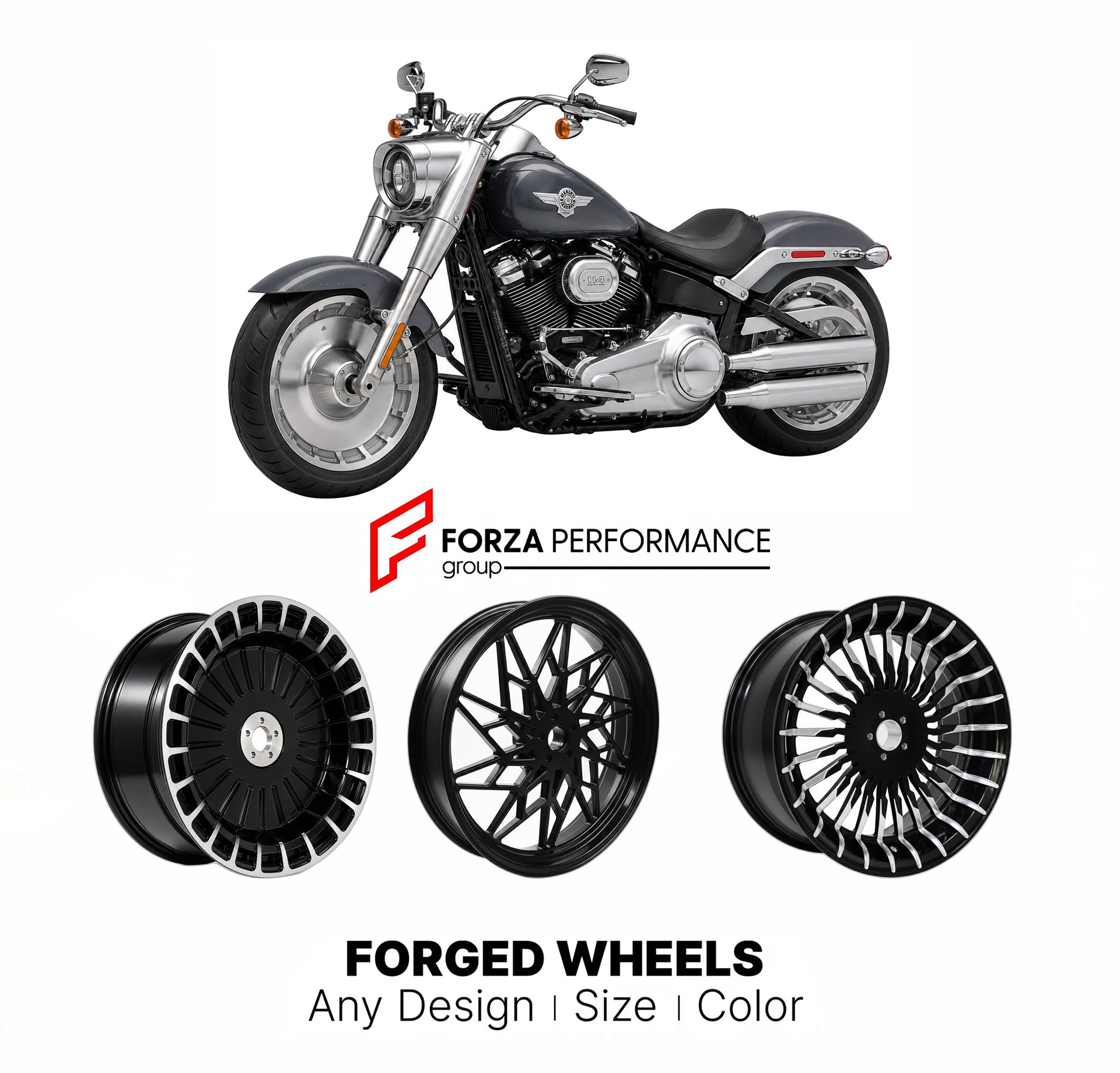 Custom forged motorcycle wheels for Harley Davidson FLFB Fat Boy 1990+. Any size, color and finish. ABS/non-ABS fitment available.

We manufacture premium quality forged motorcycle wheels rims for Harley Davidson FLFB Fat Boy 1990+ in any design, size, color.

We ensure your wheel set is delivered and fitted perfectly.

Finishing: Any

Optional for an additional price: Dual-Color, Brushing, Chroming, Polishing, Carbon Barrel.

We offer motorcycle wheels in many sizes: 12, 13, 14, 15, 16, 17, 18, 19, 20, 21,