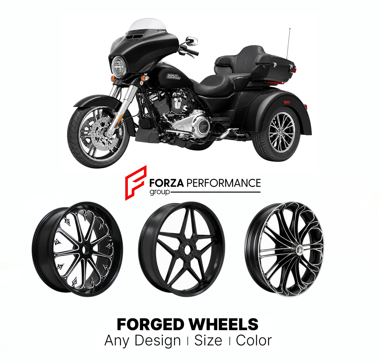 Custom forged motorcycle wheels for Harley Davidson FLHLT Street Glide 3 2020+. Any size, color and finish. ABS/non-ABS fitment available.

We manufacture premium quality forged motorcycle wheels rims for Harley Davidson FLHLT Street Glide 3 2020+ in any design, size, color.

We ensure your wheel set is delivered and fitted perfectly.

Finishing: Any

Optional for an additional price: Dual-Color, Brushing, Chroming, Polishing, Carbon Barrel.

We offer motorcycle wheels in many sizes: 12, 13, 14, 15, 16, 17,