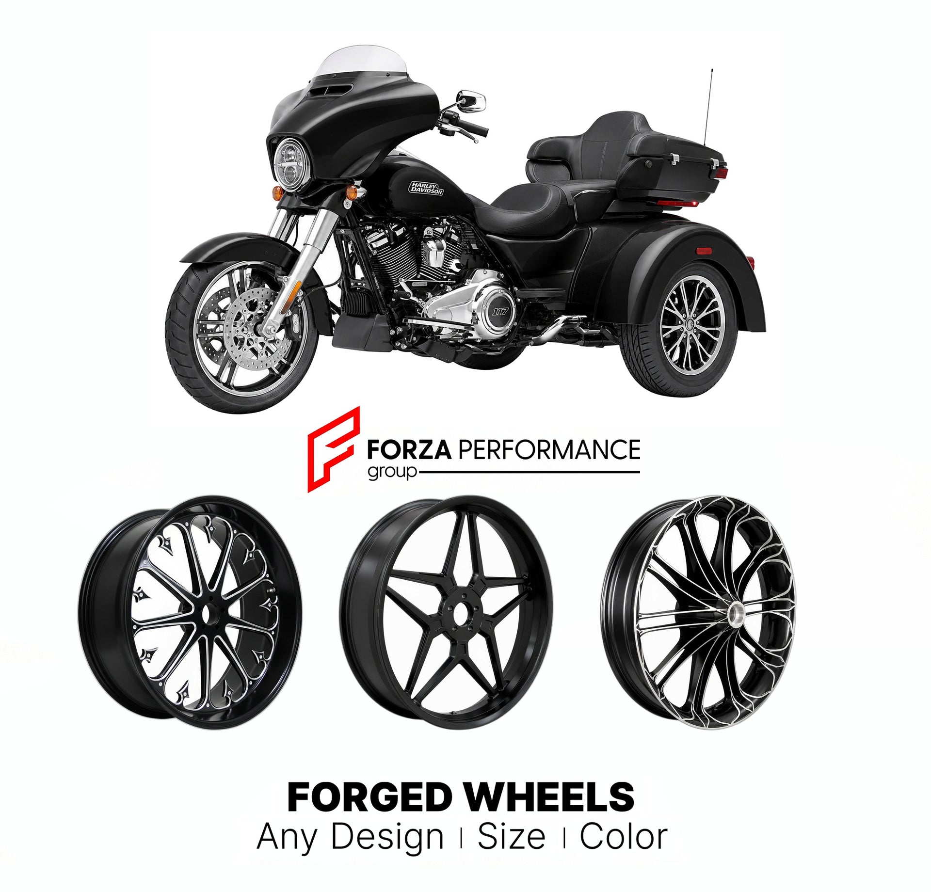 Custom forged motorcycle wheels for Harley Davidson FLHLT Street Glide 3 2020+. Any size, color and finish. ABS/non-ABS fitment available.

We manufacture premium quality forged motorcycle wheels rims for Harley Davidson FLHLT Street Glide 3 2020+ in any design, size, color.

We ensure your wheel set is delivered and fitted perfectly.

Finishing: Any

Optional for an additional price: Dual-Color, Brushing, Chroming, Polishing, Carbon Barrel.

We offer motorcycle wheels in many sizes: 12, 13, 14, 15, 16, 17,