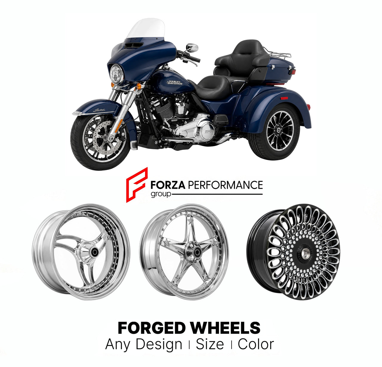 Custom forged motorcycle wheels for Harley Davidson FLHLT Street Glide 3 Limited 2020+. Any size, color and finish. ABS/non-ABS fitment available.

We manufacture premium quality forged motorcycle wheels rims for Harley Davidson FLHLT Street Glide 3 Limited 2020+ in any design, size, color.

We ensure your wheel set is delivered and fitted perfectly.

Finishing: Any

Optional for an additional price: Dual-Color, Brushing, Chroming, Polishing, Carbon Barrel.

We offer motorcycle wheels in many sizes: 12, 13,