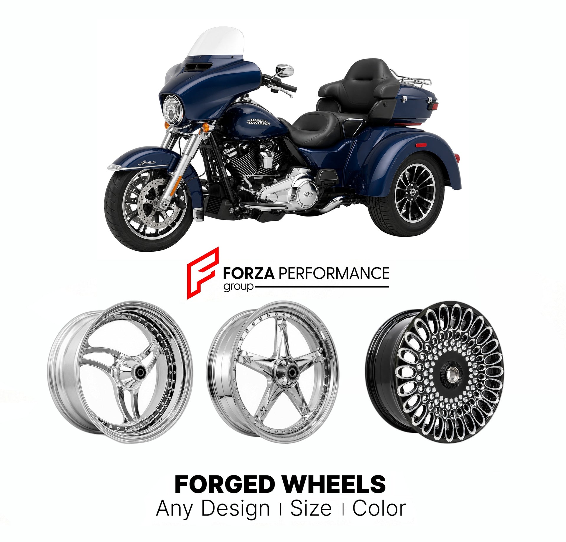 Custom forged motorcycle wheels for Harley Davidson FLHLT Street Glide 3 Limited 2020+. Any size, color and finish. ABS/non-ABS fitment available.

We manufacture premium quality forged motorcycle wheels rims for Harley Davidson FLHLT Street Glide 3 Limited 2020+ in any design, size, color.

We ensure your wheel set is delivered and fitted perfectly.

Finishing: Any

Optional for an additional price: Dual-Color, Brushing, Chroming, Polishing, Carbon Barrel.

We offer motorcycle wheels in many sizes: 12, 13,