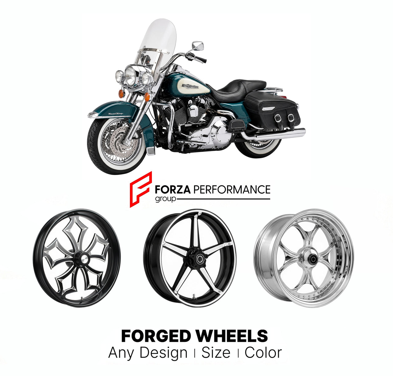 Custom forged motorcycle wheels for Harley Davidson FLHRC Road King Classic 1998 - 2013. Any size, color and finish. ABS/non-ABS fitment available.

We manufacture premium quality forged motorcycle wheels rims for Harley Davidson FLHRC Road King Classic 1998 - 2013 in any design, size, color.

We ensure your wheel set is delivered and fitted perfectly.

Finishing: Any

Optional for an additional price: Dual-Color, Brushing, Chroming, Polishing, Carbon Barrel.

We offer motorcycle wheels in many sizes: 12, 1