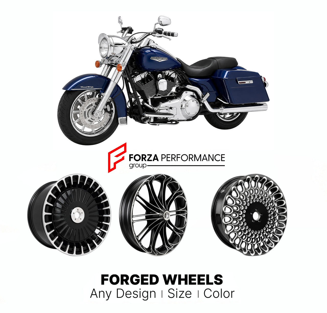 Custom forged motorcycle wheels for Harley Davidson FLHRS Road King Custom 2004 - 2007. Any size, color and finish. ABS/non-ABS fitment available.

We manufacture premium quality forged motorcycle wheels rims for Harley Davidson FLHRS Road King Custom 2004 - 2007 in any design, size, color.

We ensure your wheel set is delivered and fitted perfectly.

Finishing: Any

Optional for an additional price: Dual-Color, Brushing, Chroming, Polishing, Carbon Barrel.

We offer motorcycle wheels in many sizes: 12, 13,
